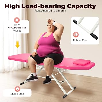 Portable Massage Bed Table - Folding Beauty Salon Spa Bed - 3 Section Lightweight with Pillow - Adjustable Spa Table PU Cushion Recliner Rest Chair (182×60×61cm) (Pink)