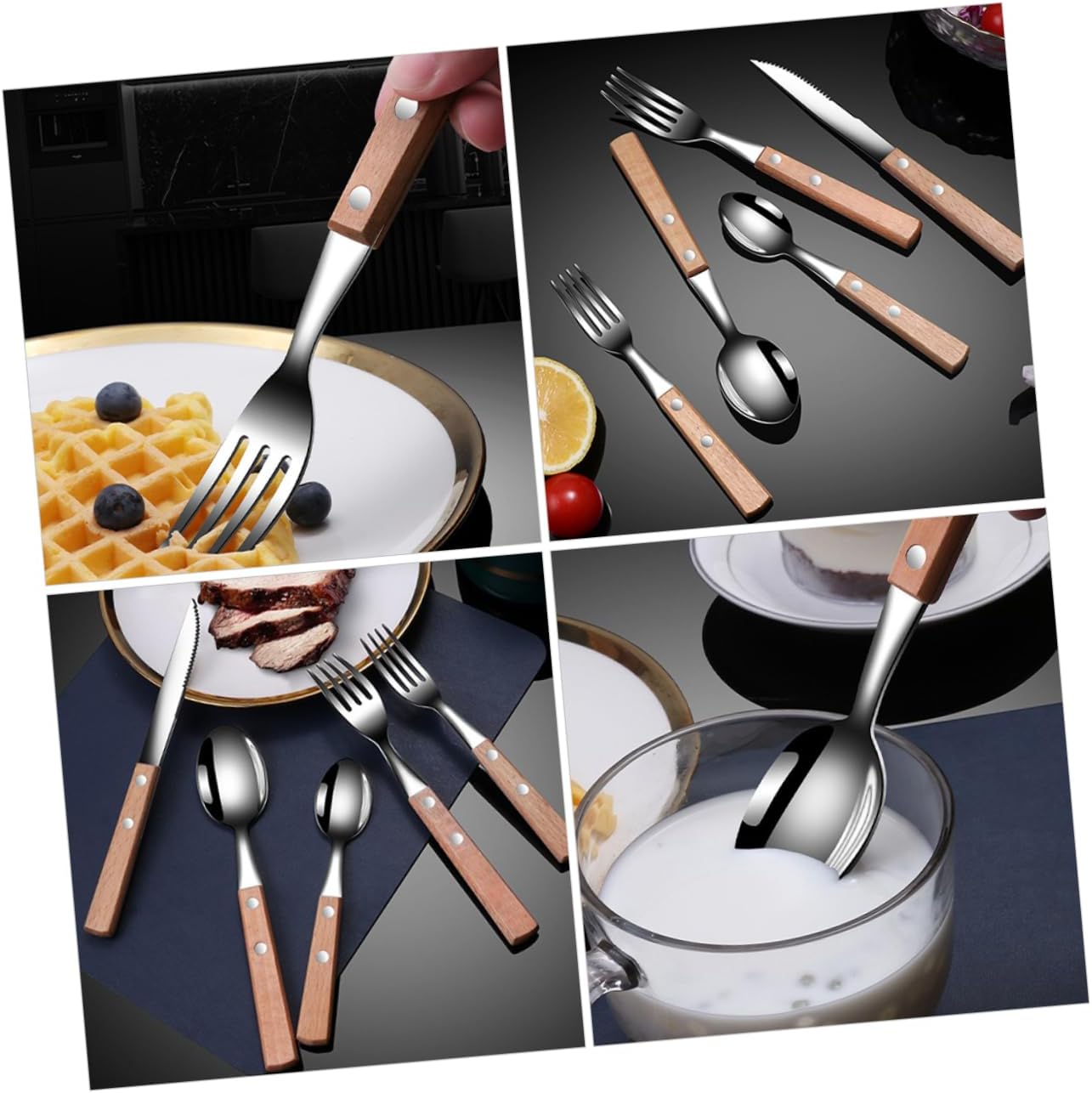 Solid Wood Handle Stainless Steel Cutlery Set Slotted Spoon Fork Spoon Travel Silverware for Lunch Utensils Set for Buffet