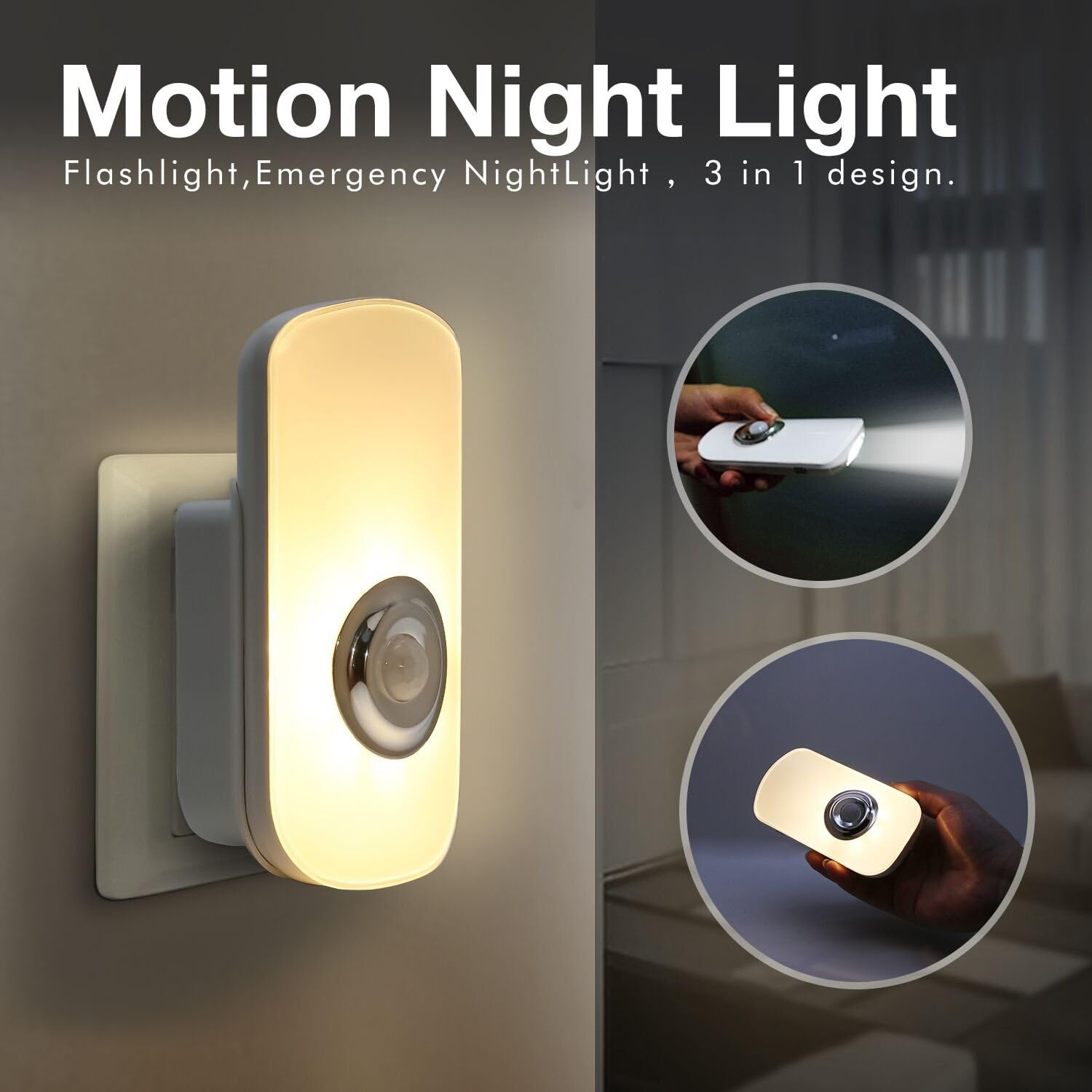 Sensky 3-in-1 Motion Sensor Night Light Plug in, Rechargeable Flashlight, Emergency Night Light for Bedroom, Bathroom, Living Room, Stairways, Hallways
