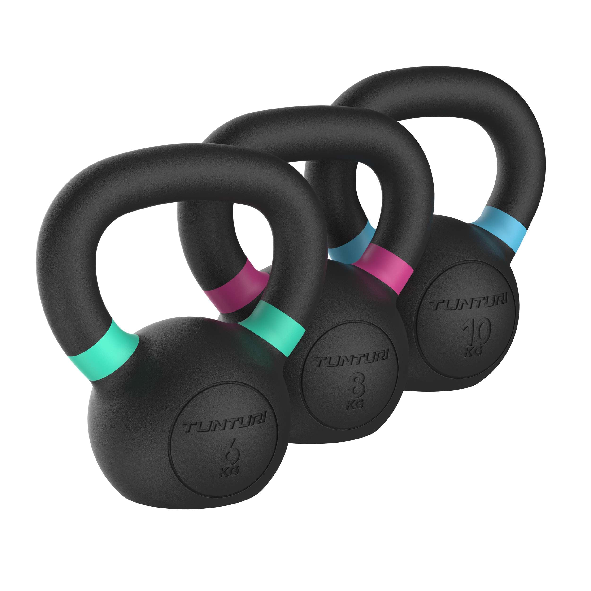 Tunturi Platinum - Set kettlebell in ghisa, 6-10 kg, con app fitness gratuita