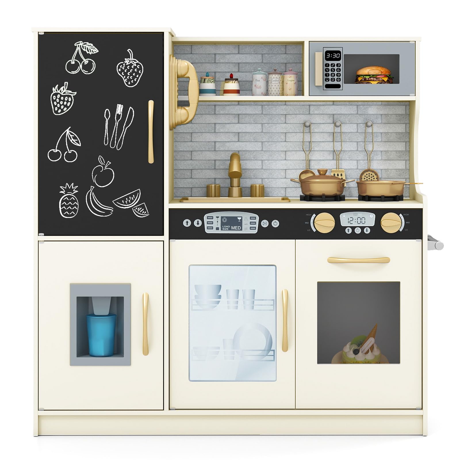 HONEY JOY Kids Kitchen Playset, Wooden Little Chef Pretend Toy Kitchen Set w/Chalkboard, Telephone, Utensils, Oven, Microwave, Sink, Storage, Play Kitchen for Toddlers Boys Girls, Cream