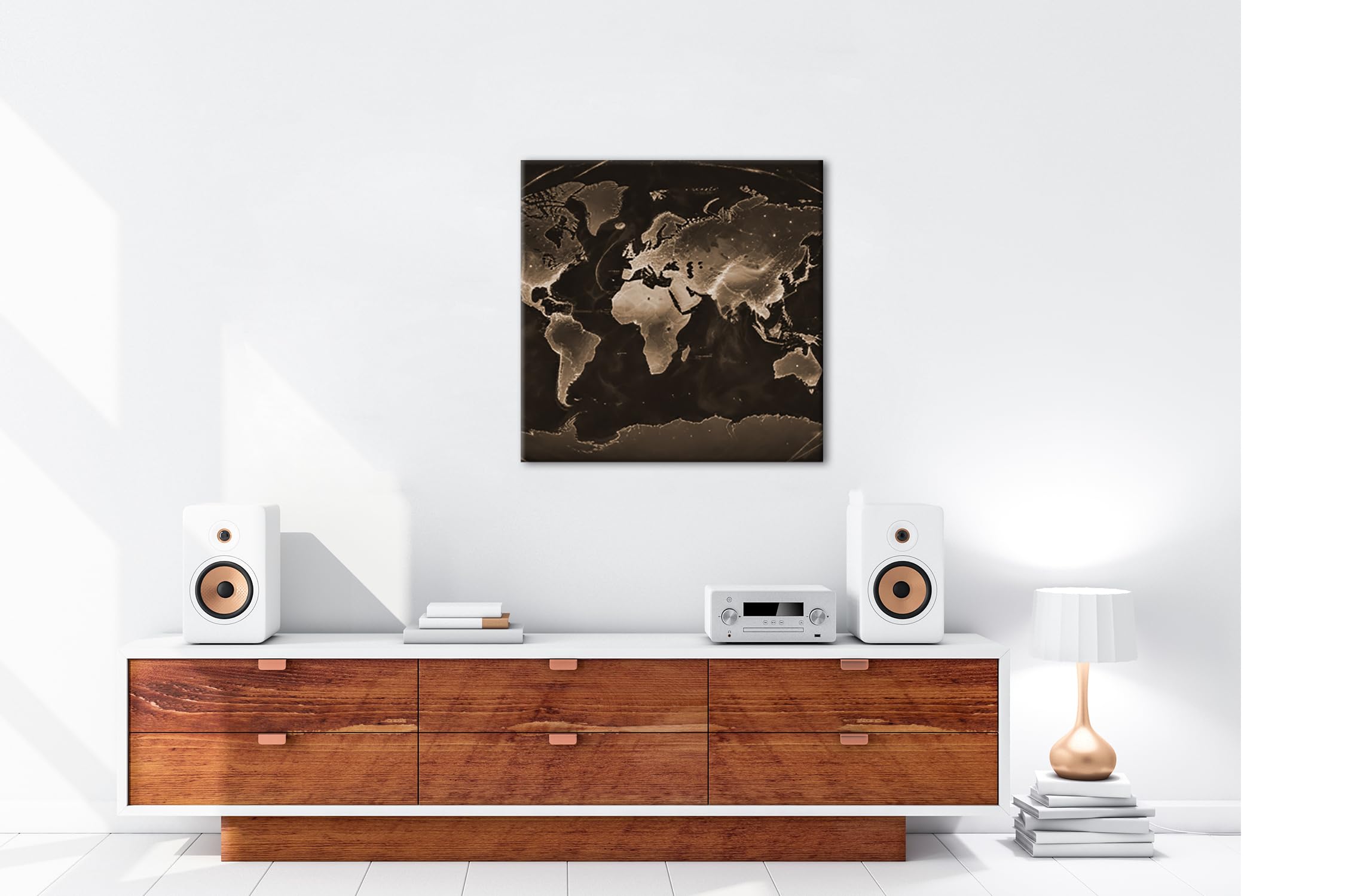 Mapamundi luminoso en la oscuridad, los continentes brillan como venas brillantes de la tierra. Formato: 70 x 70 cm. Efecto: sepia como lienzo, diseño enmarcado en marco de madera auténtica, impresión