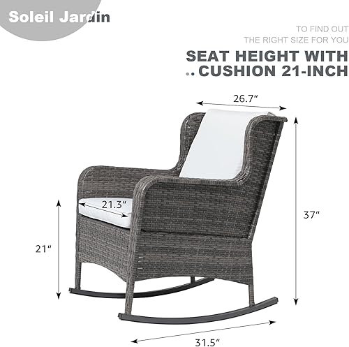 Miniatura 3 de Soleil Jardin Mecedora de mimbre de resina para exteriores con cojines, muebles de patio, silla mecedora de club, mimbre gris y cojines gris claro