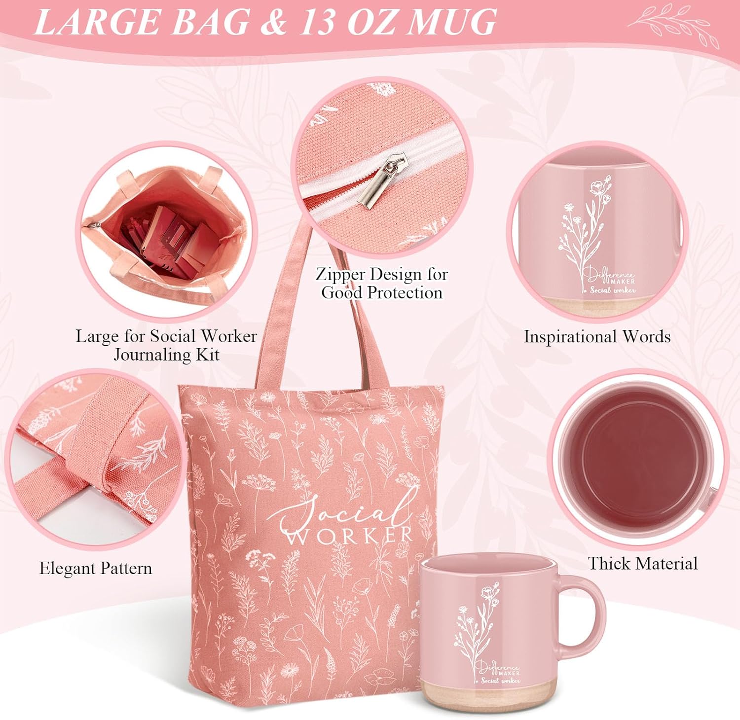 Reallnaive 15 Pcs Social Worker Appreciation Gifts Set Notebook Coffee Mug Floral Bag Ballpoint Pens Sticky Notes for Women Social Worker MSW DSW Lcsw Volunteer Coworker Office Supplies(Pink)