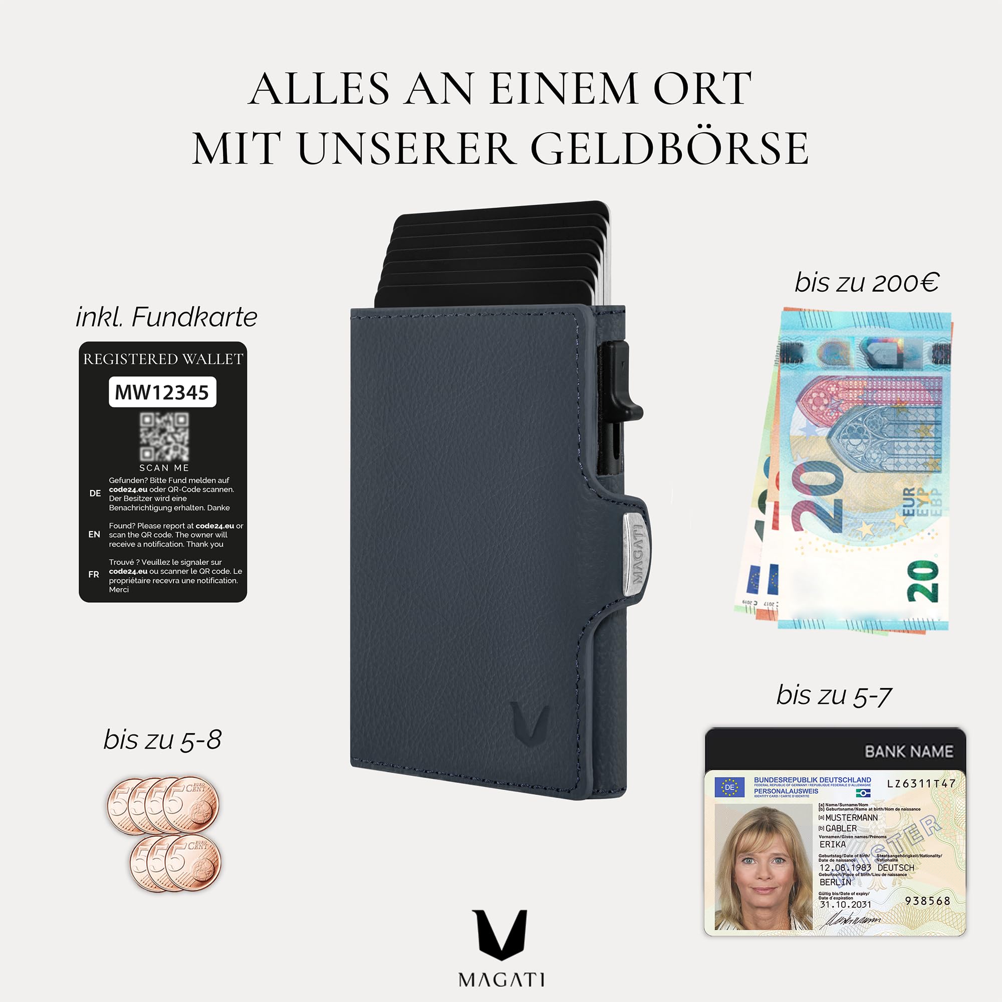 MAGATI Slim Wallet Zani aus Leder mit Fundservice, Kartenetui - Geldbörse mit Münzfach & RFID Blocker, Portmonee mit Kartenhalter & Geldscheinfach, Blau