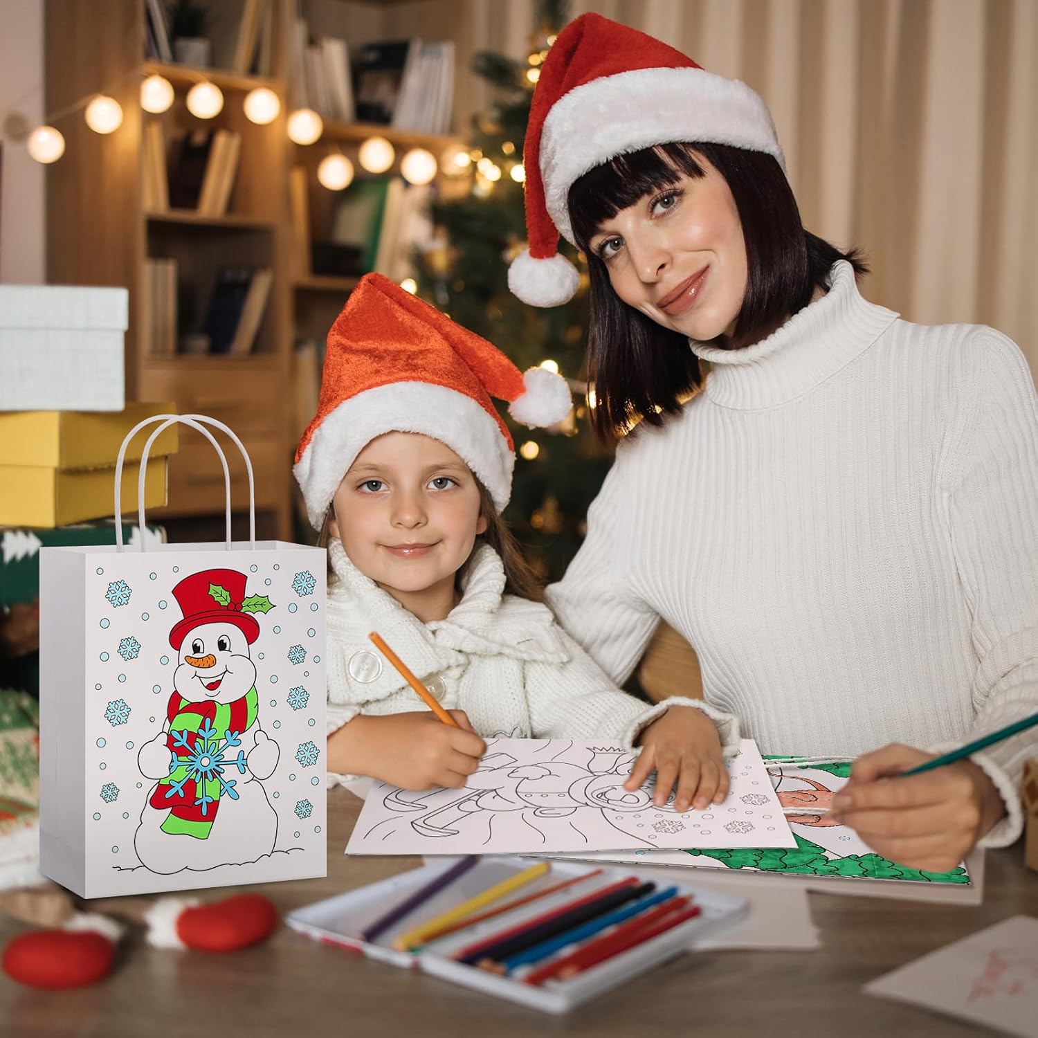 24 Pcs Color Your Own Winter Wonderland Bags Reusable Christmas Coloring Goodies Snowman Reindeer Kraft Paper Tote Candy Bags Winter Coloring Craft for Xmas Party Favor Supplies