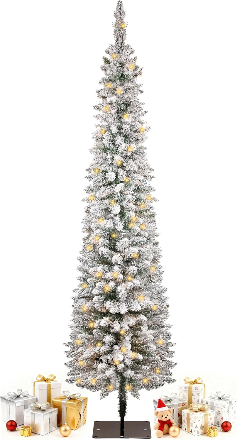 6FT Prelit Pencil Christmas Tree, Snow Flocked Skinny Artificial Christmas Trees, Slim Snowy Xmas Tree with Warm White Lights, Holiday Decoration for Indoor Small Places Flocked Pencil Tree-6ft