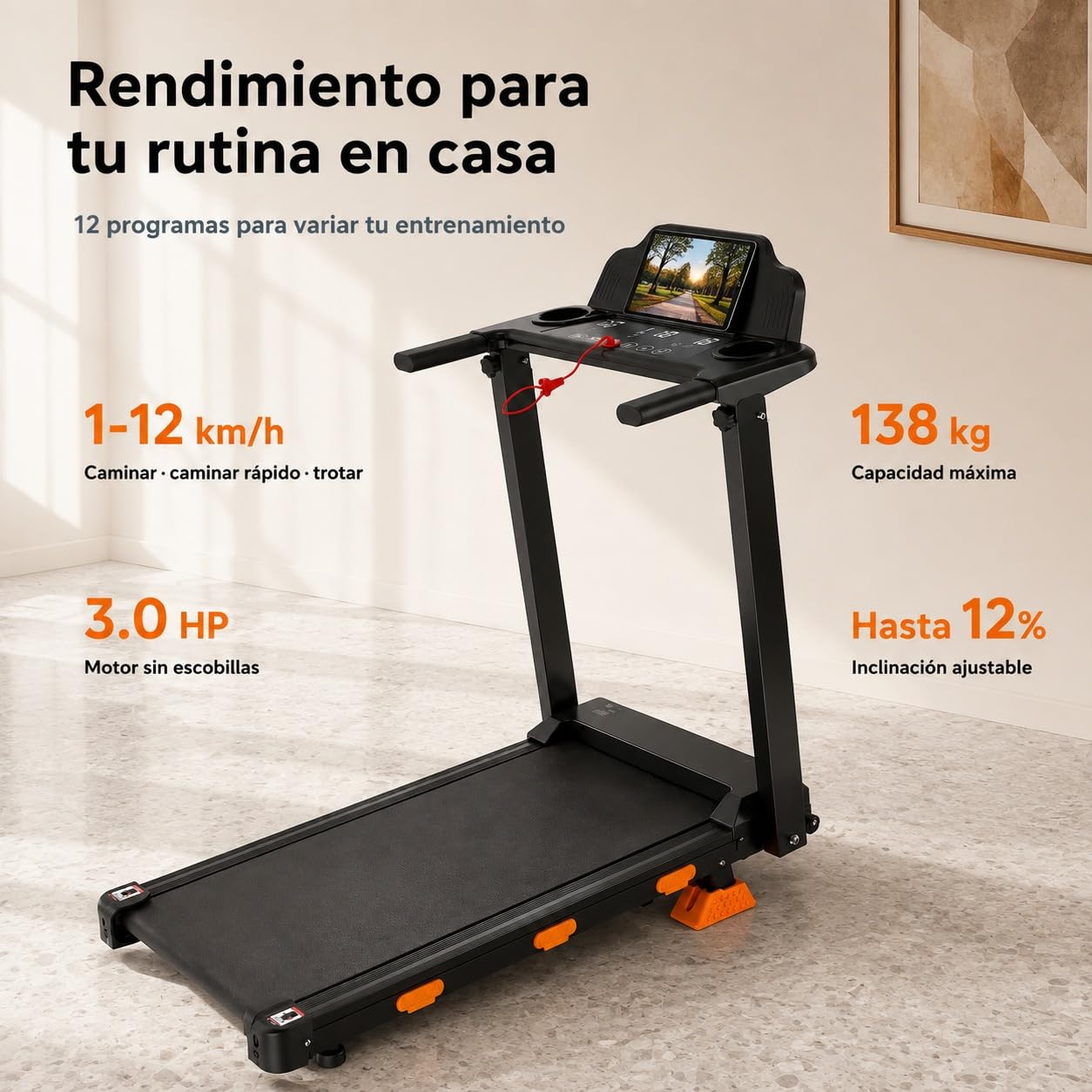 Cinta de Correr Plegable 12% con Inclinación, Walking Pad 12km/h con Pantalla LED, Motor Sin Escobillas 3.0HP, Soporte 138KG, Cinta de Andar Plegable para Caminar, Trotar y Correr
