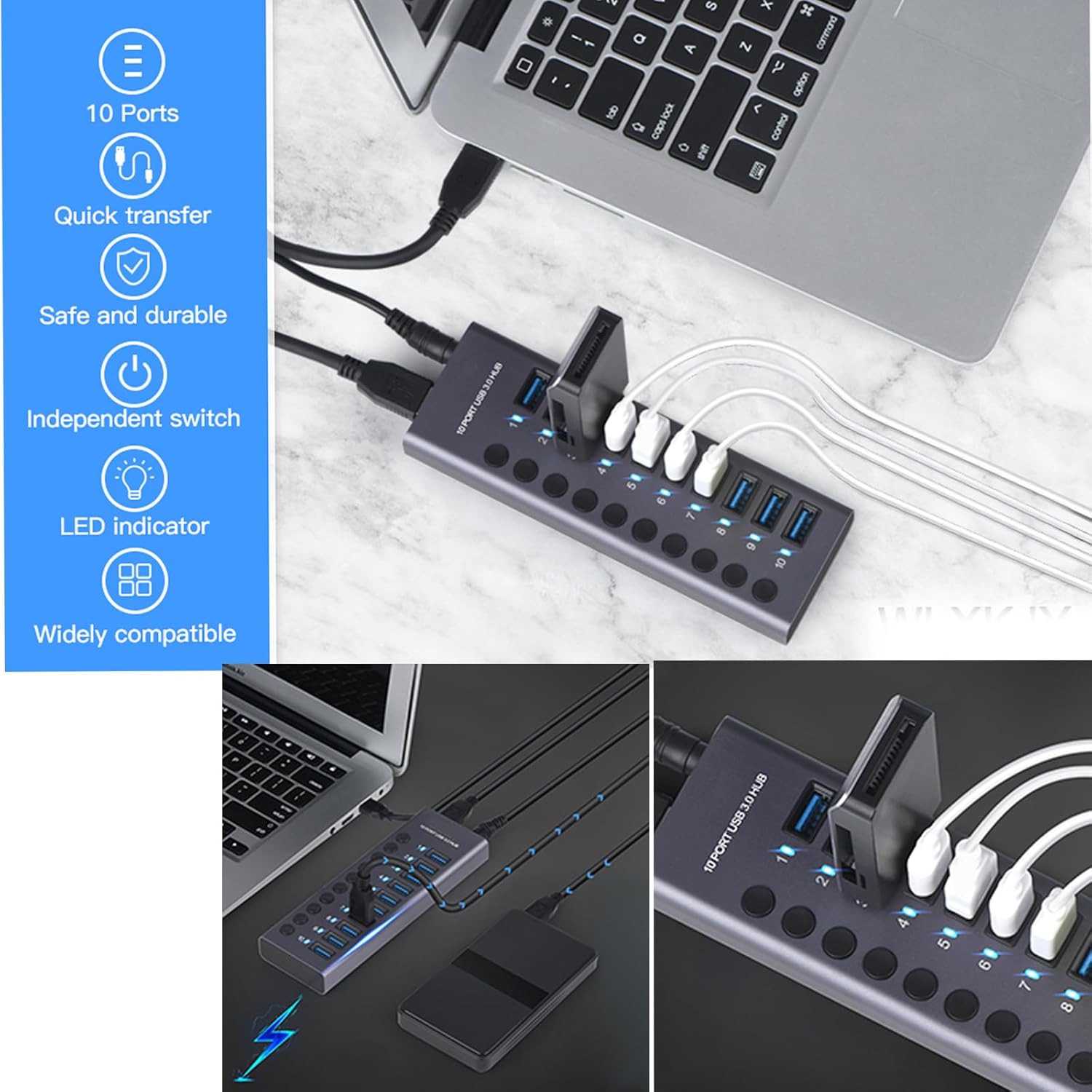 MaxLax 10 Port Aluminum USB 3.0 hub with 10 Port USB Data Transfer,Power Adapter USB Splitter Independent Switch
