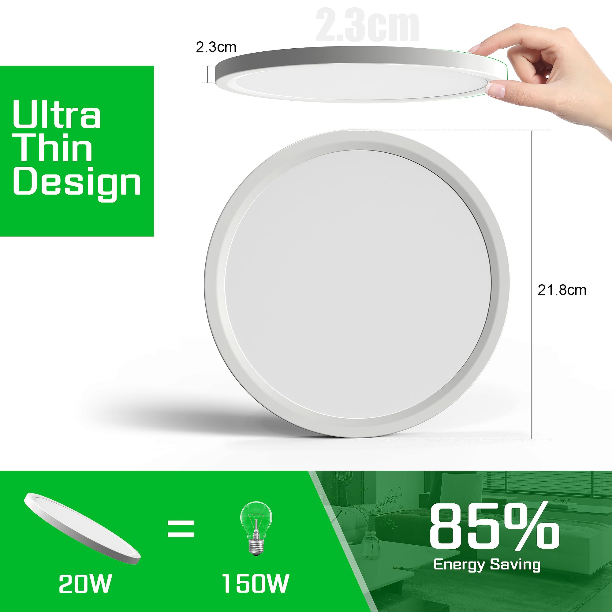 OTREN Plafoniera LED Soffitto, 4000K IP44 Plafoniera Bagno Rotonda, Lampadario LED Soffitto per Soggiorno Camera da Letto Cucina Balcone Corridoio, 21.8CM