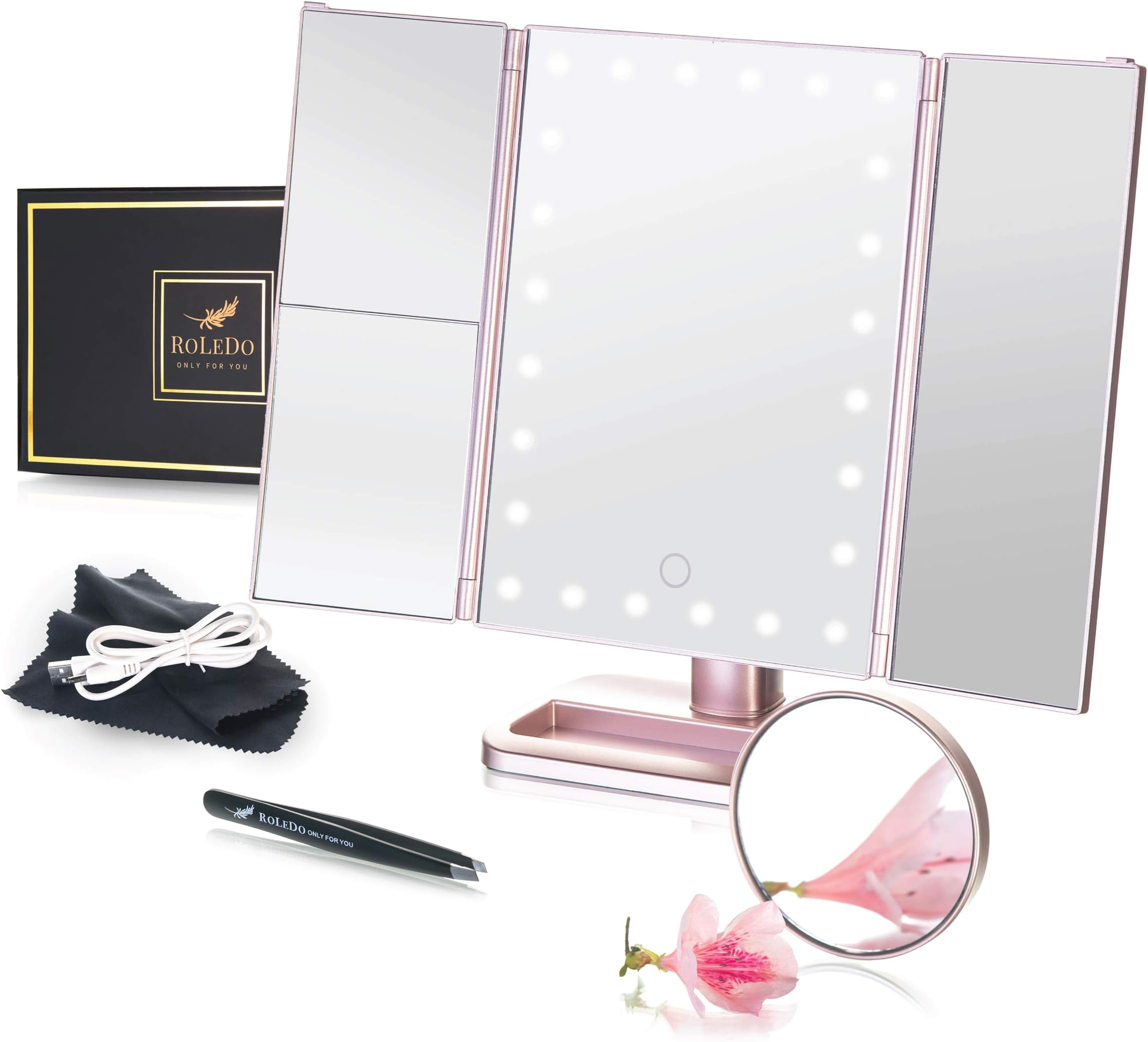 RoLeDo Makeup Vanity Mirror with 24 Led Lights, Lighted Trifold Make up Mirrors with Set Gift, 2X3X10X Magnification, Bright Touch Screen USB or Battery 180 Rotation Portable for Travel (Rose Gold)