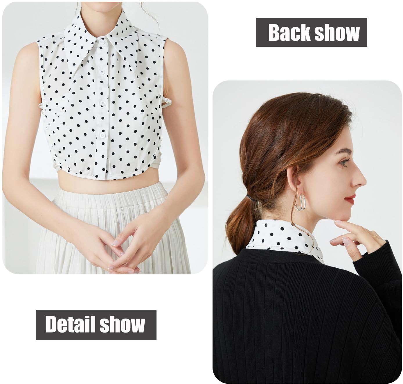 Cuello falso desmontable de gasa, media camisa, cuello Dickey, cuello falso, elegante para mujeres y niñas, 312-c C gasa punto blanco 3