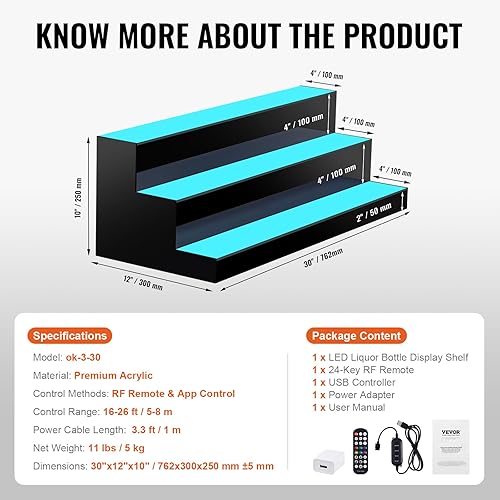 Miniatura 97 de VEVOR Pantalla de botella de licor con iluminación LED, 3 niveles de 40 pulgadas, compatible con USB, estante iluminado de bar para el hogar