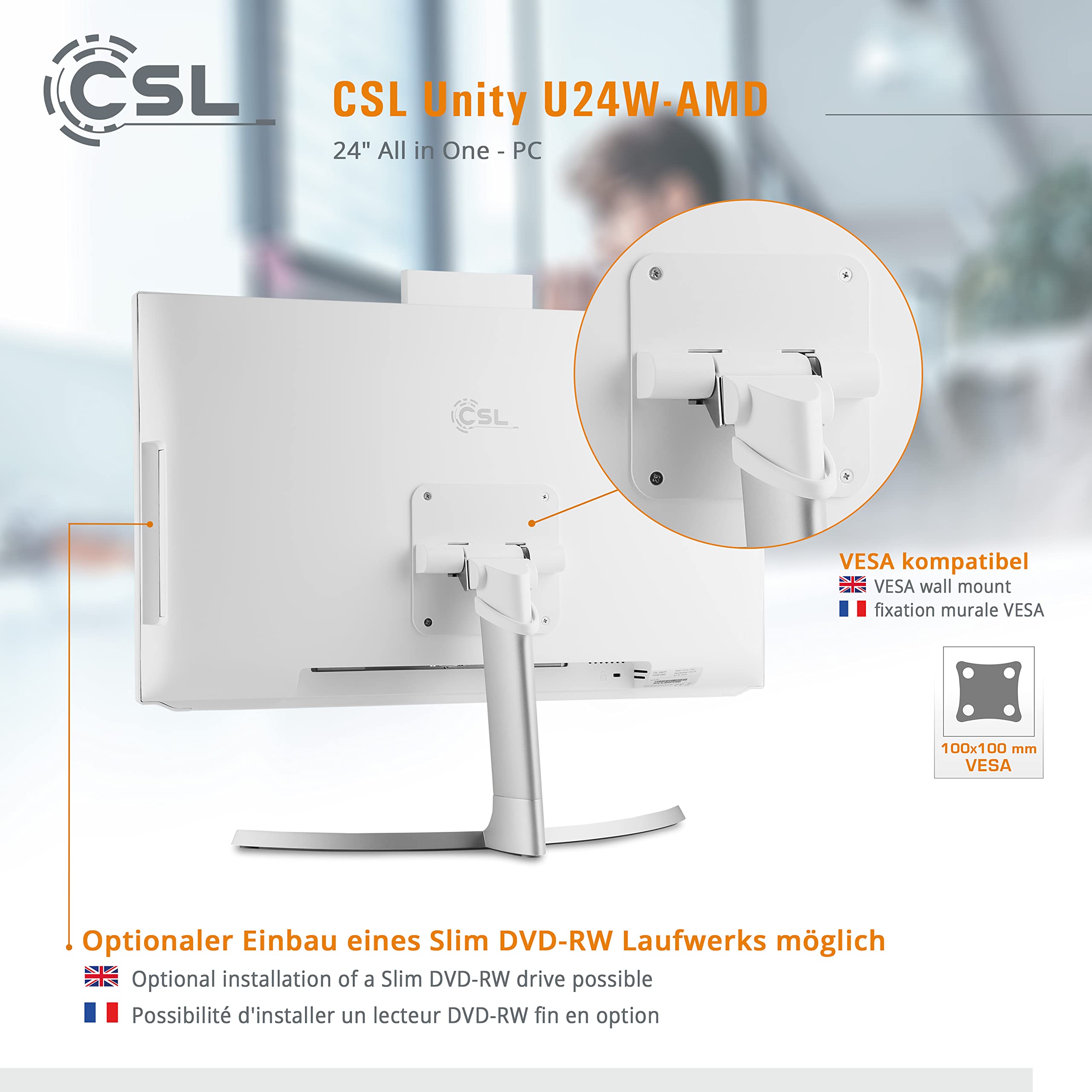 PC Tout-en-Un CSL Unity U24W-AMD, 60,5 cm (23,8 Pouces, 1920x1080 Full HD) - AIO Puissant (AMD Ryzen 7 5700G CPU 8x3800 MHz, 2000 Go SSD, 32 Go DDR4-RAM, Windows 11 Pro), Blanc