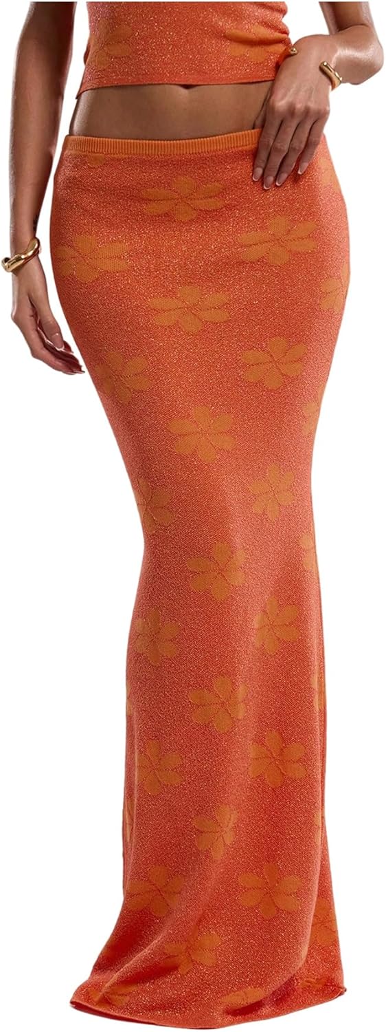 Bohemian Bliss: Women's Floral Long Knit Maxi Skirt with a Relaxed Fit