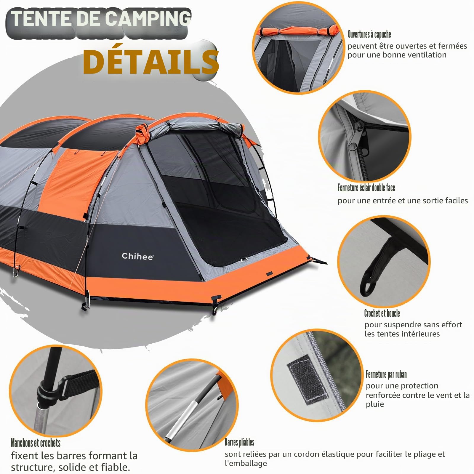 Chihee Tente de camping tunnel 4 personnes tente familiale avec 2 portes extra résistant aux intempéries tente 4 saisons avec double tapis de sol imperméable avec sac de transport pour voyage en plein