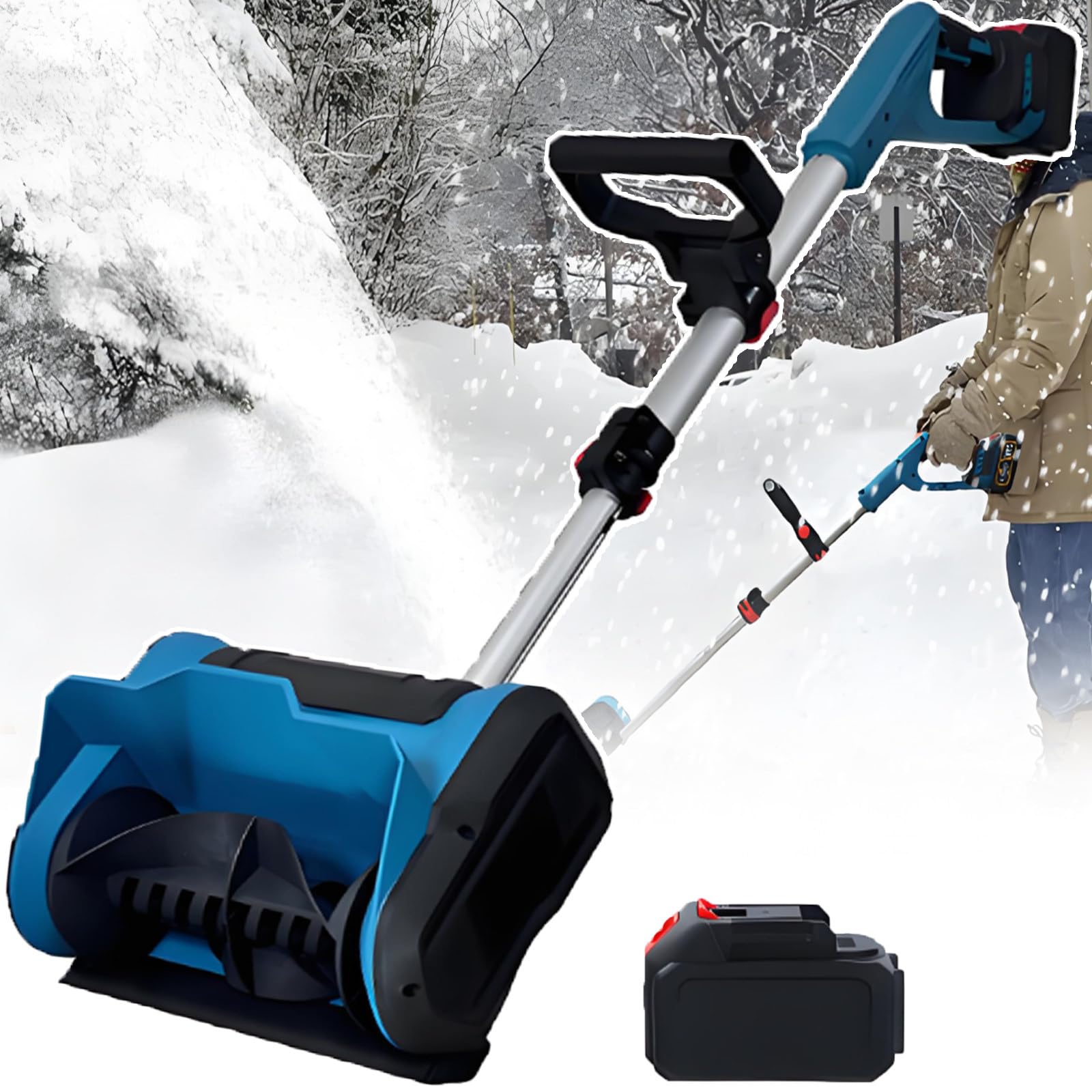 Pala da neve elettrica per alleviare il dolore alla schiena, spazzaneve regolabile senza fili, potenza senza spazzole da 600 W, direzione del lancio della neve a 45°, leggera con 1 batteria