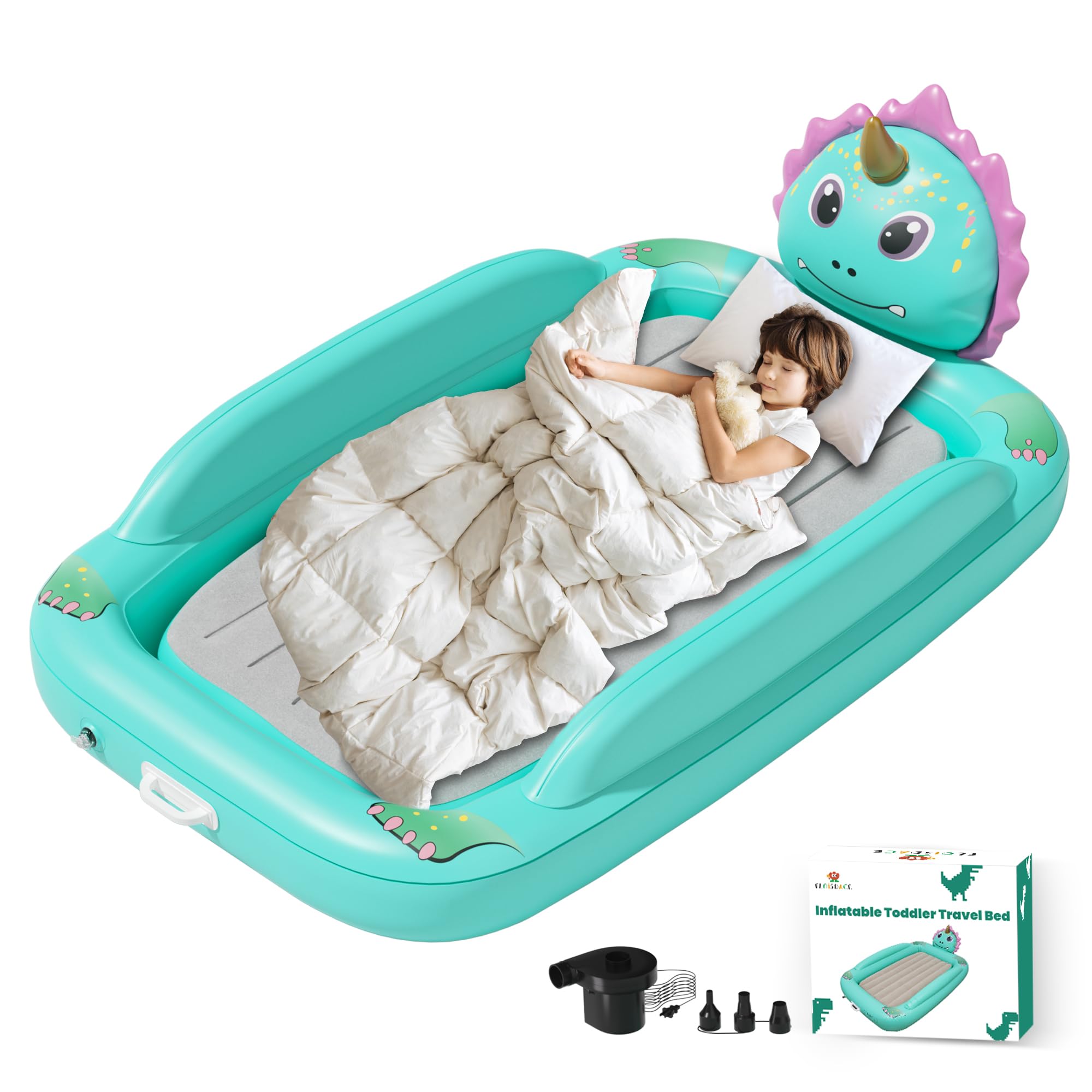 Inflatable Travel Bed with High Speed Pump, Portable Kids Air Mattress with Safety Bumpers, Toddler Travel Bed for Trip Camping Sleeplovers, Separate Mattress Design (60"-Dinosaur)