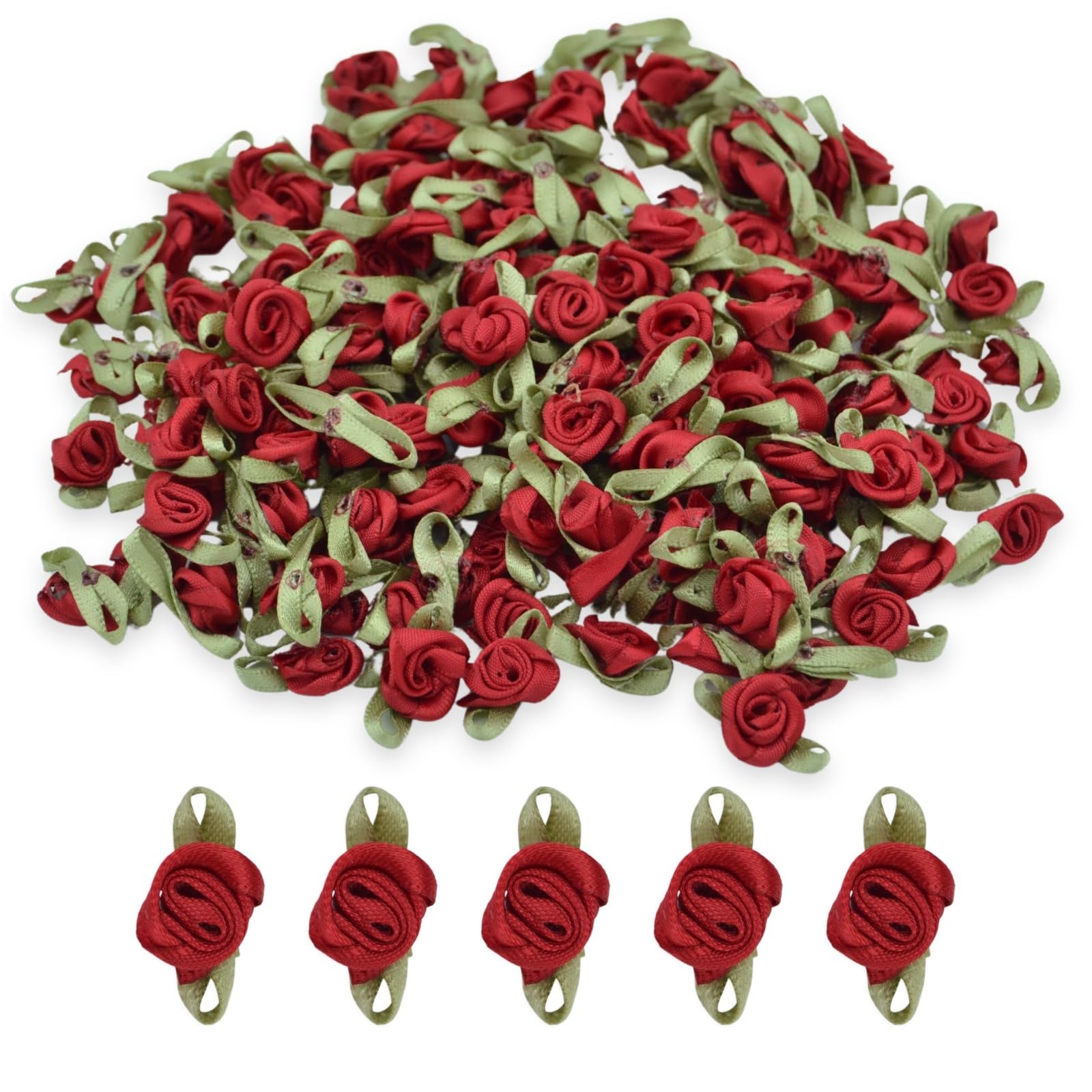 celloexpress 15mm Ruby #24 Satin Ribbon Roses with Green Leaves - Small Flower Buds - Crafts, Embellishments (Pack of 25)