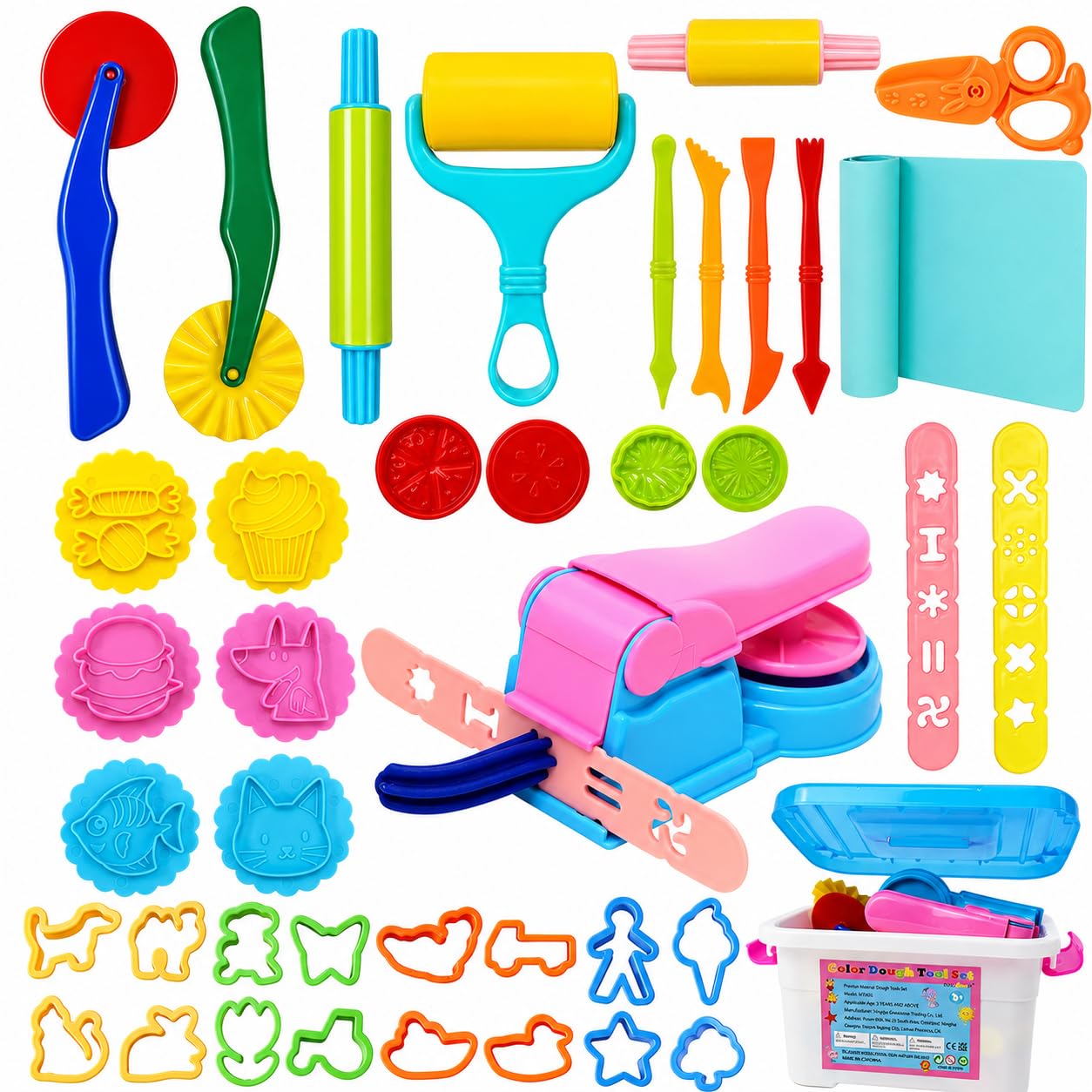 Dough Play Tool Set for Kids, 41Pcs Dough Tools Sets, Accessories Includes Storage Box, Dough Mat, Noodle Maker, Cutters Roller, Rolling Pins,Safety Scissors, Educational Toys Gift for Boys Girls