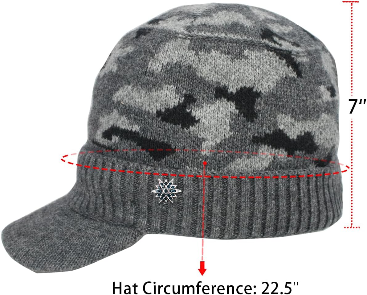 Dahlia Men's Beanie with Visor - Wool, Winter Hat w/Brim, Fleece Lined
