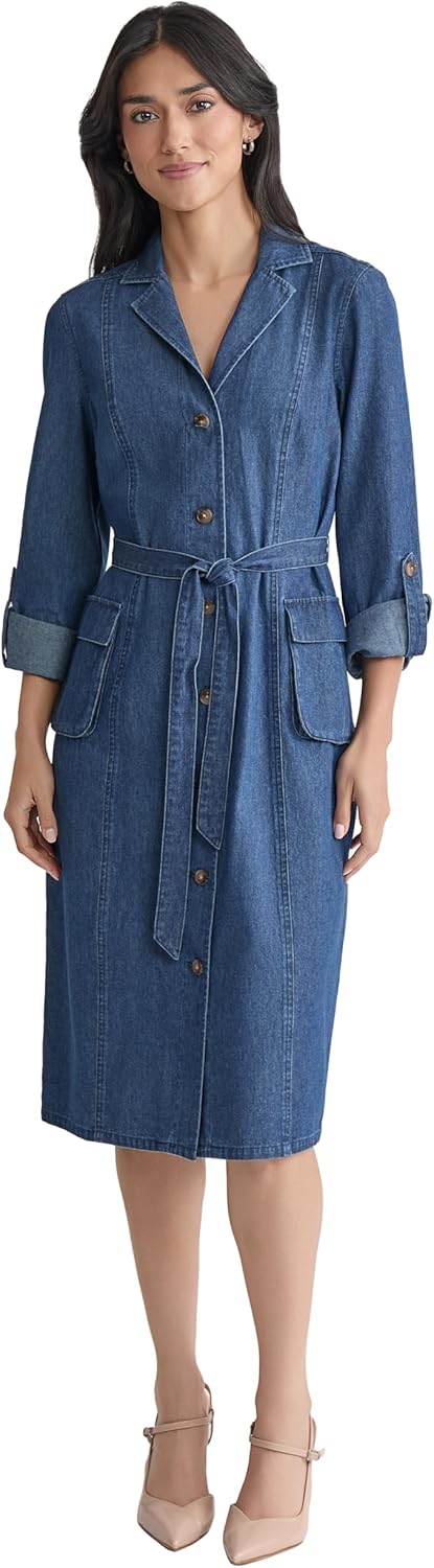 Jones New York Women's Long Sleeve Denim Midi Shirt Dress