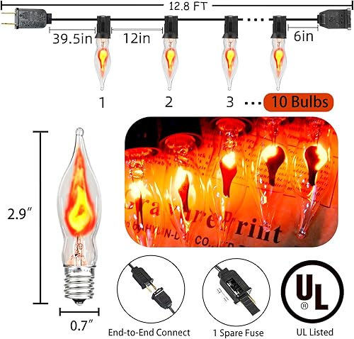 Miniatura 2 de Luces de Halloween para interiores con llama parpadeante con 10 bombillas transparentes C7 llamas, tira de luces de 12.8 pies para decoración de