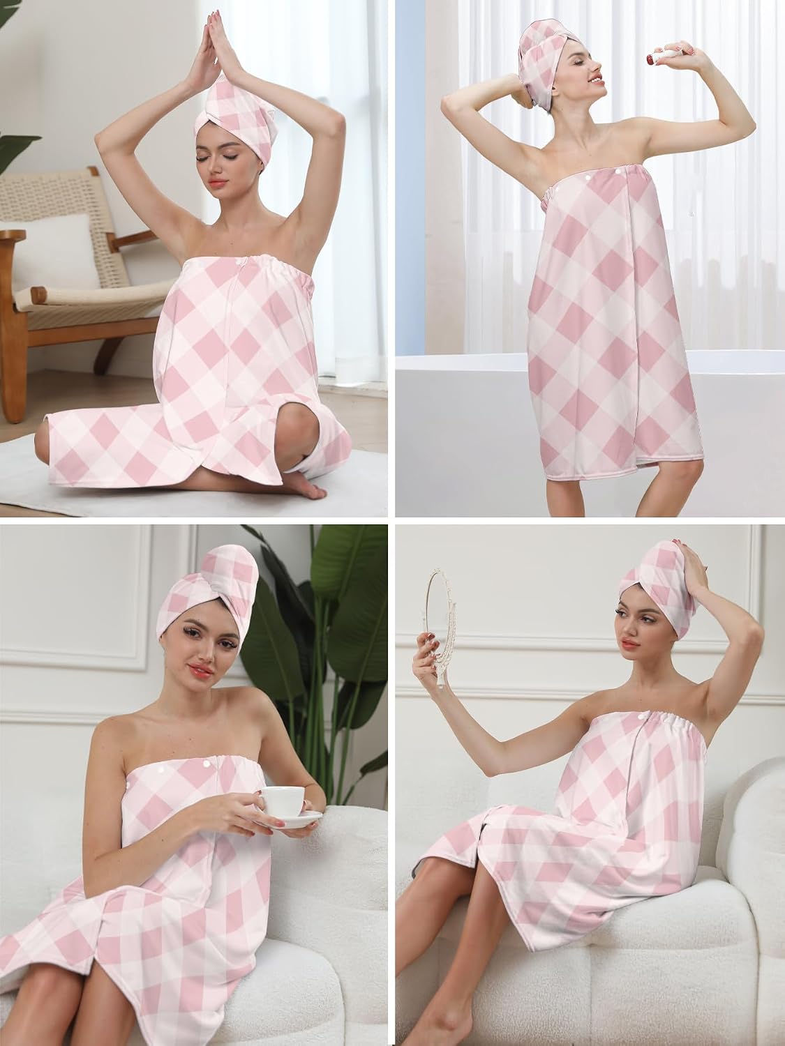 Women's Bath Towel Wrap Set with Hair Towel,Plaid Pattern, Microfiber, 31.5x59 inches, Spa Bathrobe (Pink White)