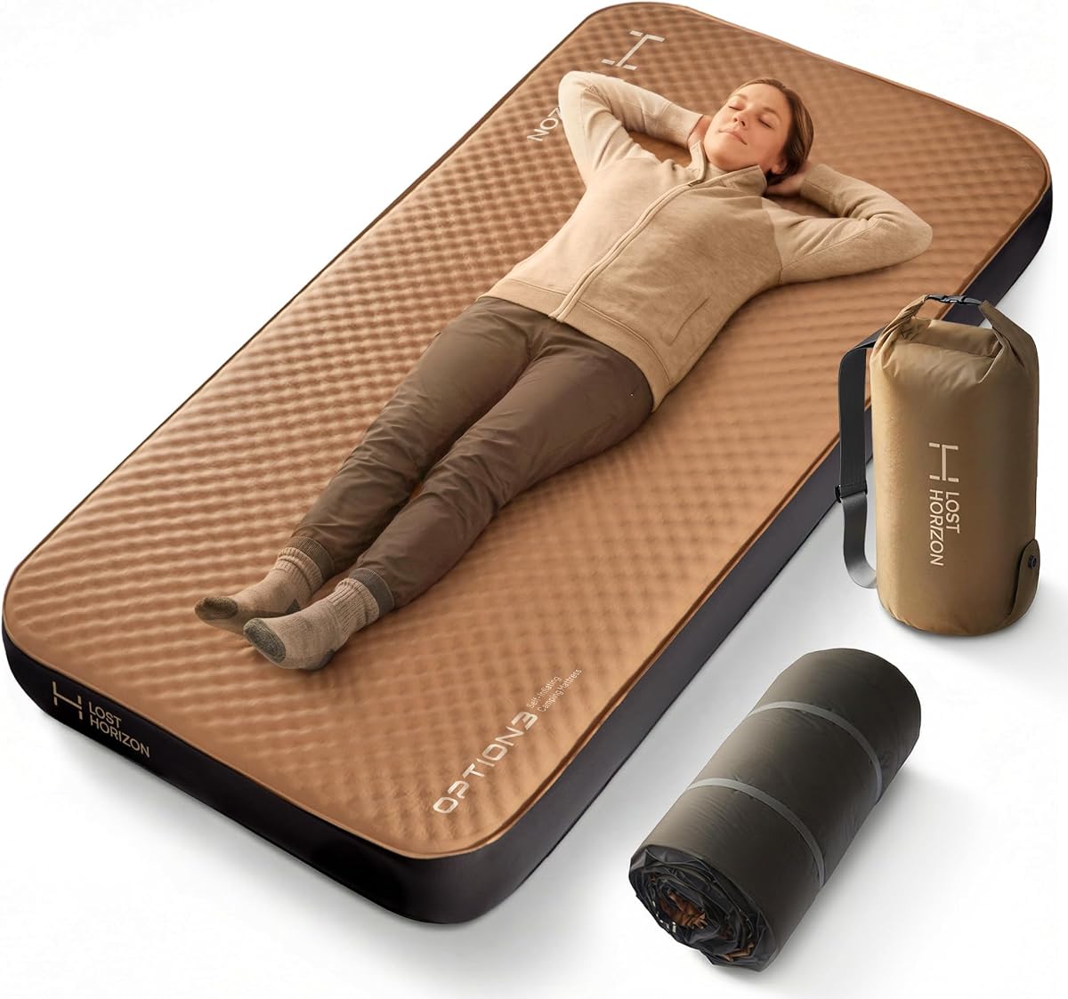Opción 3 Colchón de espuma autoinflable para acampar, doble, 4.5" | Comodidad de aire y espuma, firmeza ajustable, aislamiento R13, listo para todas las estaciones, colchoneta para dormir