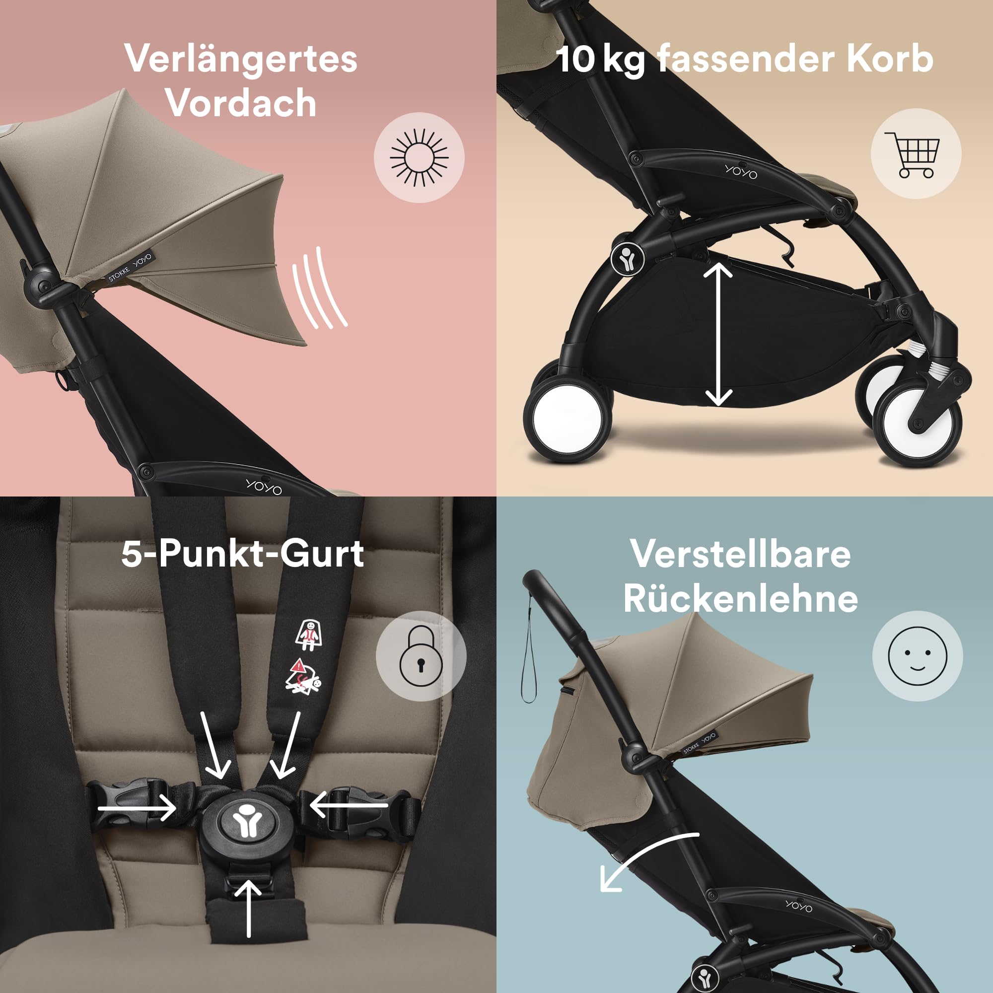 Stokke YOYO3 Kinderwagen ab 6 Monaten - Inklusive schwarzem Rahmen / taupefarbenem Sitzkissen + Verdeck - Blitzschnell ein- und ausklappbar - Leicht & kompakt - Handgepäck-kompatibel
