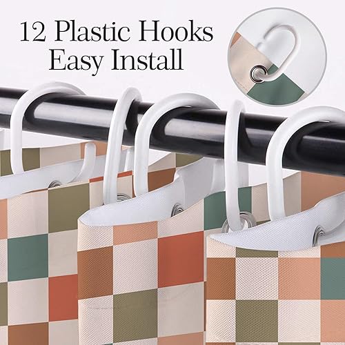 Miniatura 5 de Cortina de ducha retro con diseño de tablero de ajedrez para baño, juego de cortina de ducha bohemia a cuadros sobre beige con 12 ganchos, bonita