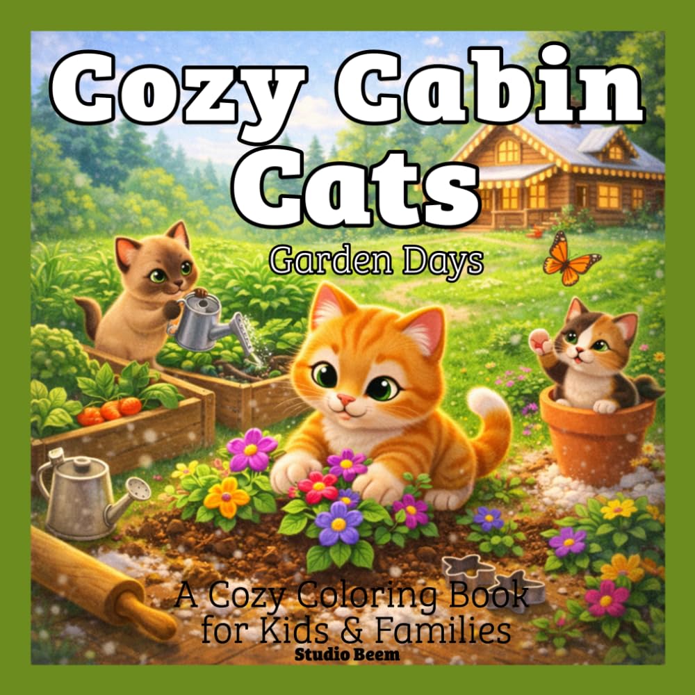 Cozy Cabin Cats: Garden Days — A Coloring Book: Cute Cats and Kittens Gardening, Planting Flowers, and Enjoying Peaceful Days in a Cozy Cabin Garden