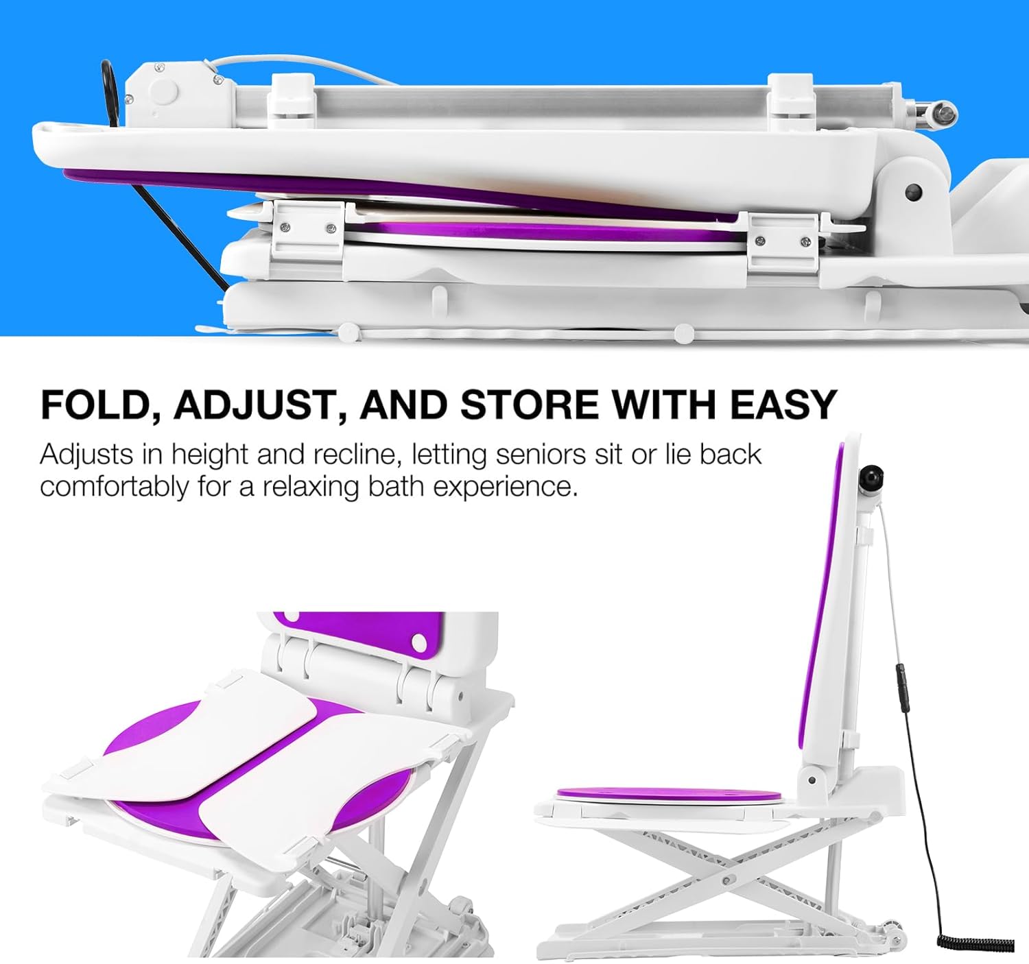 SUNDERWELL Electric Chair Lift for Elderly, 24 lbs Lightweight Floor Lift for Elderly Falls with 360°Swivel Seat, Bath Lift Chair for Tub 308 lbs Capacity, IPX8 Waterproof & Remote Control (Purple)
