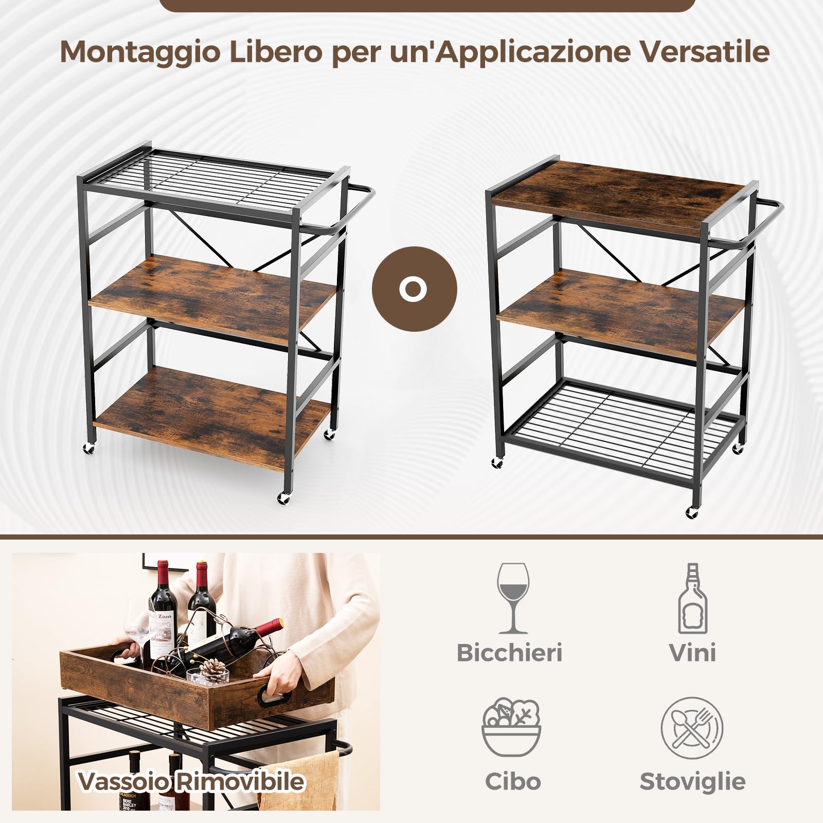 COSTWAY Carrello da Bar a 3 Ripiani, Carrello da Servizio Industriale con Vassoio Rimovibile, 4 Ruote Bloccabili e 1 Maniglia, Carrello da Cucina con Ruote, 73 x 40 x 94 cm