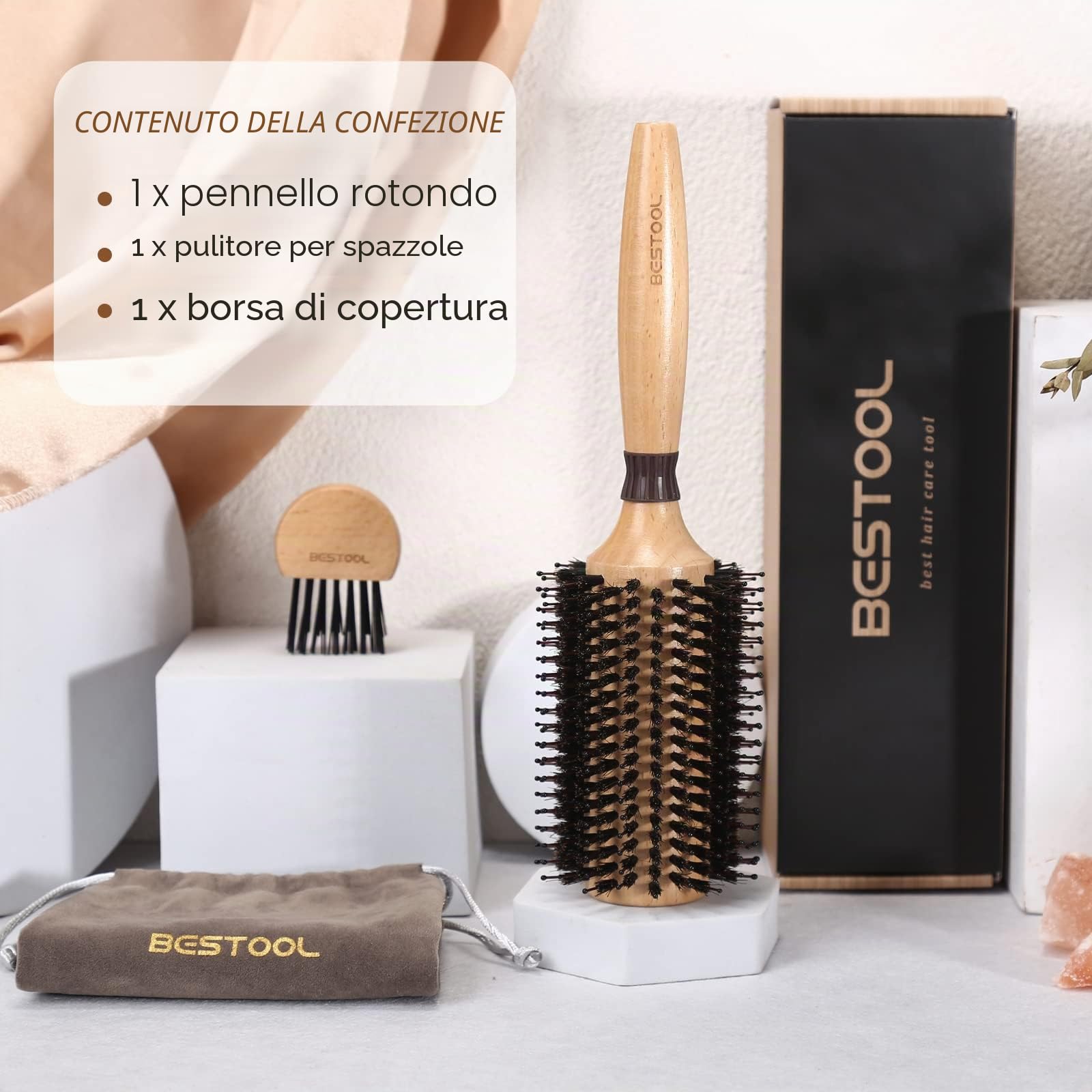 BESTOOL Spazzola rotonda per asciugatura, setole di cinghiale con perni in nylon Spazzola rotonda per capelli, spazzola professionale per lo styling per donne e uomini (Barrel 38mm)