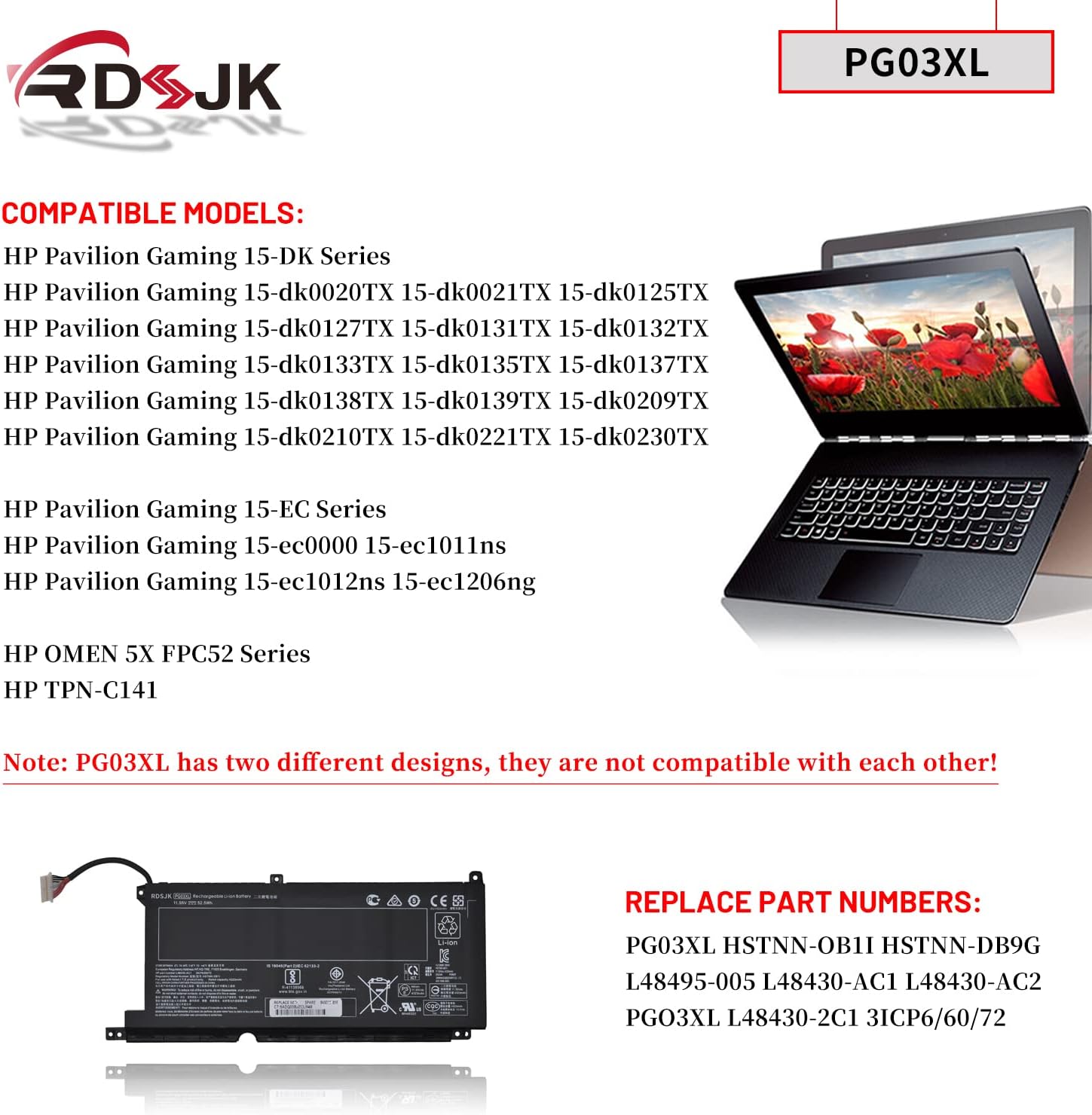 PG03XL Laptop Battery for HP Pavilion Gaming 15-DK 15-dk0020TX 15-dk0021TX 15-EC 15-ec0000 15-ec1011ns OMEN 5X FPC52 Series PGO3XL HSTNN-OB1I HSTNN-DB9G L48495-005 L48430-AC1 L48430-AC2 11.55V 52.5Wh