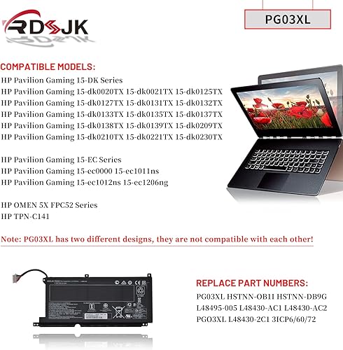 Miniatura 3 de PG03XL - Batería para portátil HP Pavilion Gaming 15-DK 15-dk0020TX 15-dk0021TX 15-EC 15-ec0000 15-ec1011ns OMEN 5X FPC52 Series PGO3XL HSTNN-OB1I