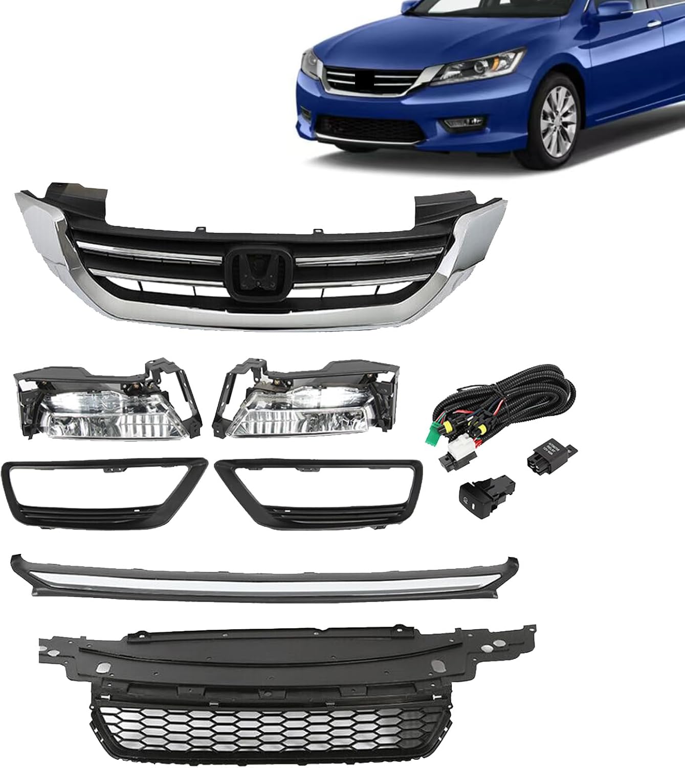 JX RACING Front Upper Lower Grille W/Trim Compatible with Honda Accord Sedan 2013 2014 2015 With Fog Light Kit for 71121T2FA01 71103T2AA00 71150T2FA00