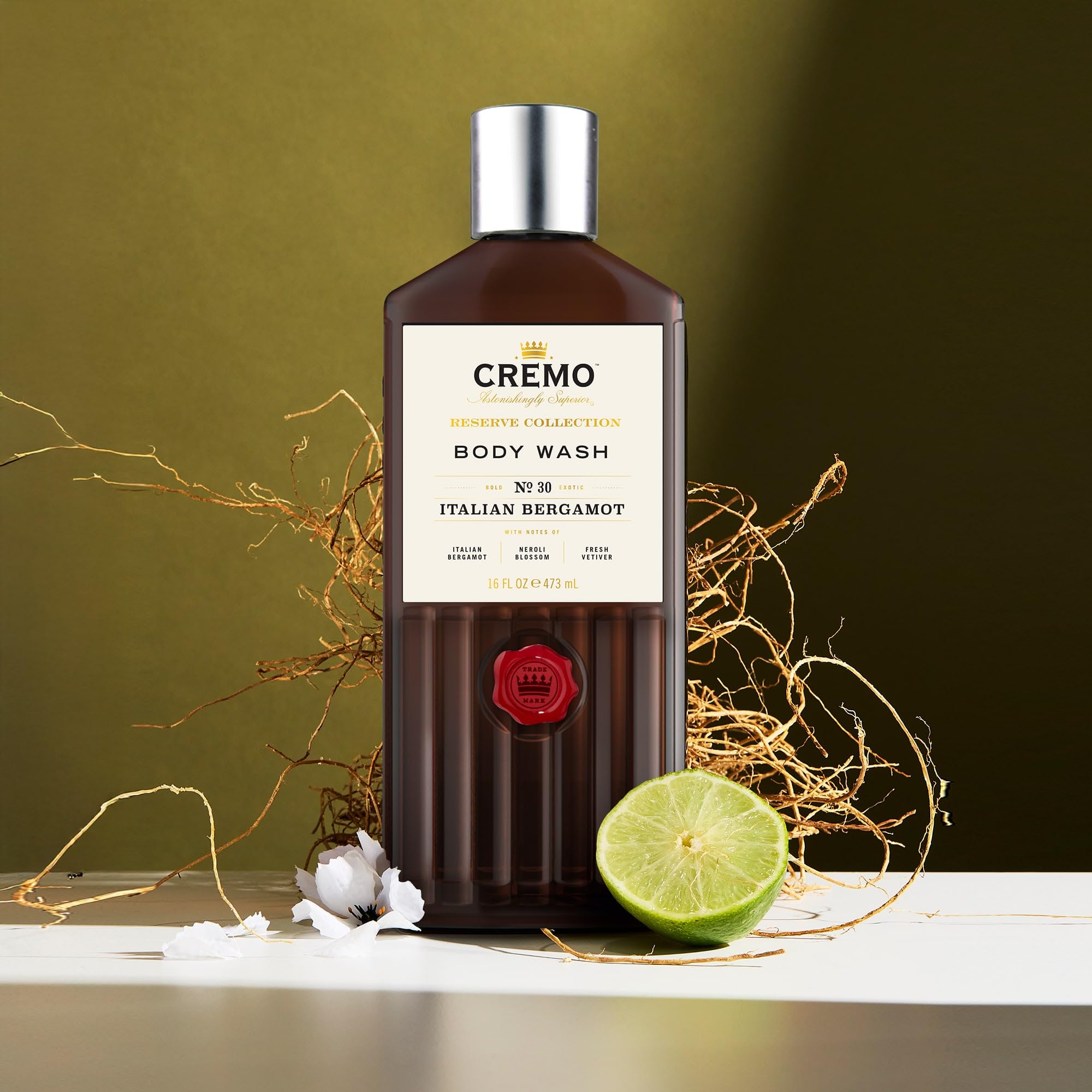Cremo Body Wash Men, Notes of Italian Bergamot, Neroli Blossom, and Fresh Vetiver, Rich-Lathering Italian Bergamot, 16 Fl Oz