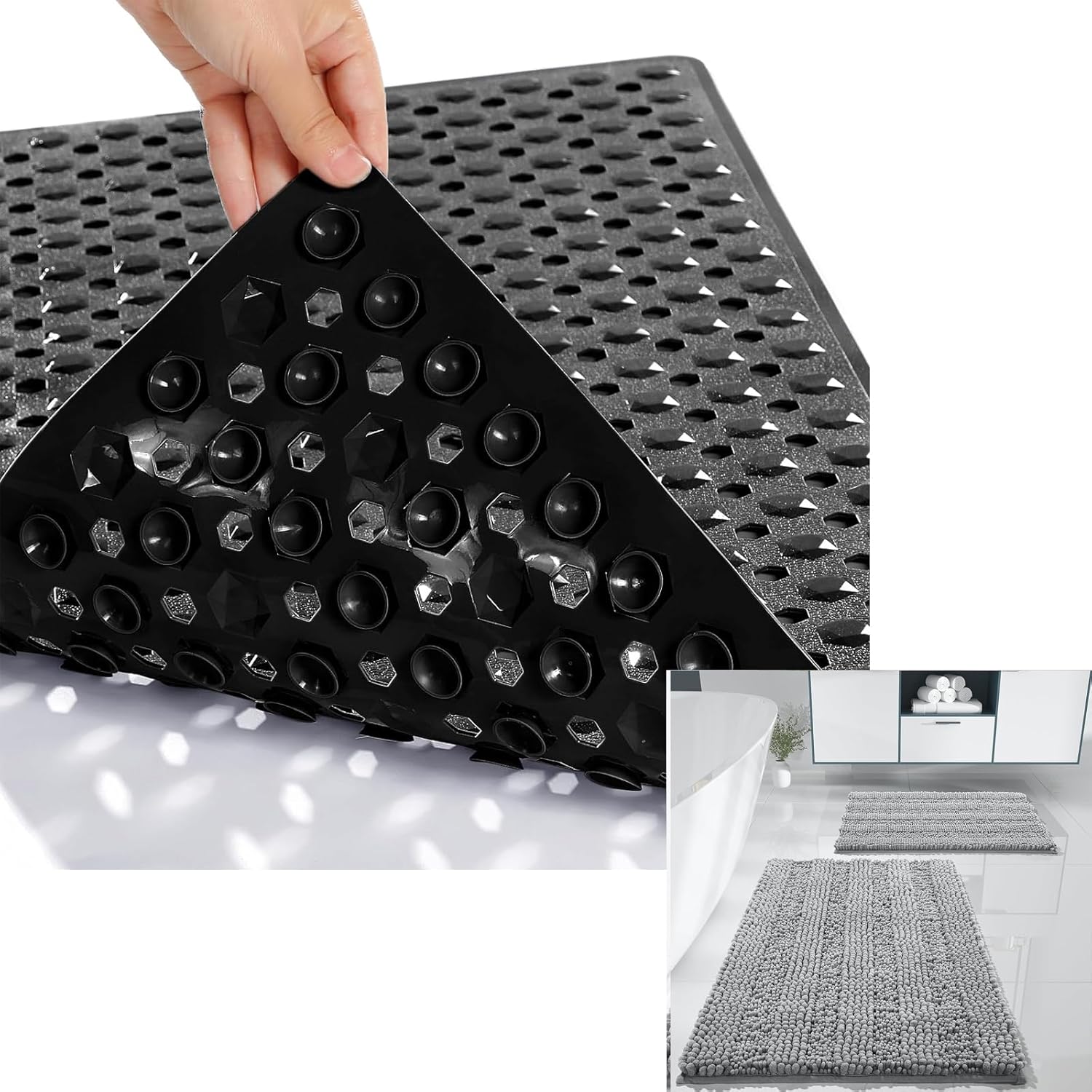 Yimobra Luxury Chenille Bathroom Rugs Sets 2 Piece Bathtub Shower Mat, Long Non Slip Bath Mats for Tub with Drain Hole and Suction Cups