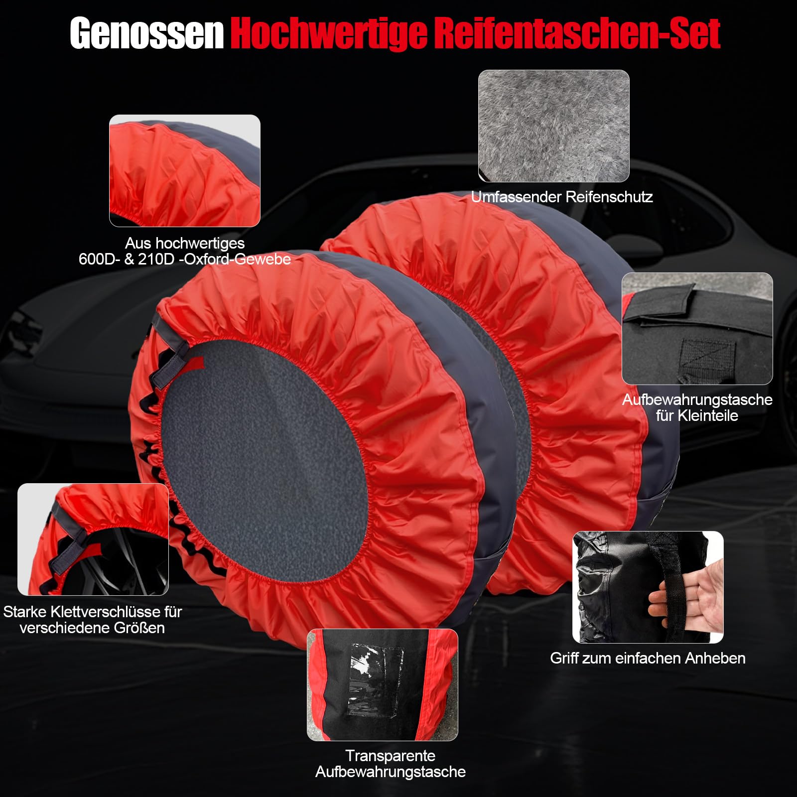 Genossen Reifentaschen 18-22 Zoll, 4 Stück Reifenabdeckung, aus 600D & 210D Oxford-Gewebe, Reifentüten Set mit Felgenschutzpolster, zum Transport, Lagerung, Wasserdicht staubdicht (Ø 80 cm)