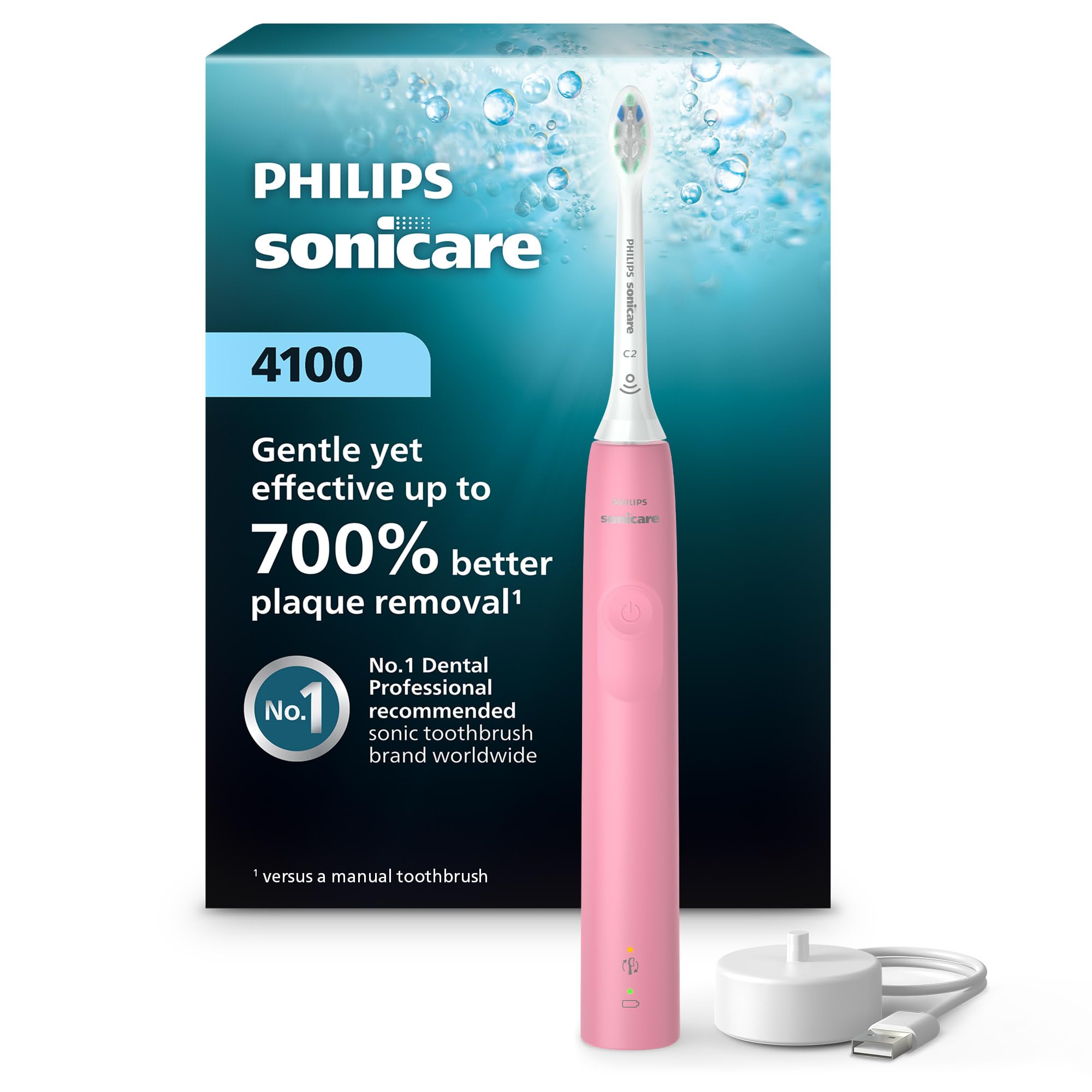 SONICARE Philips 4100 Rechargeable Electric Toothbrush, with Pressure Sensor, 2 Intensity Settings, SmarTimer and QuadPacer, 14-Day Battery Life, Deep Pink, Model HX3681/26