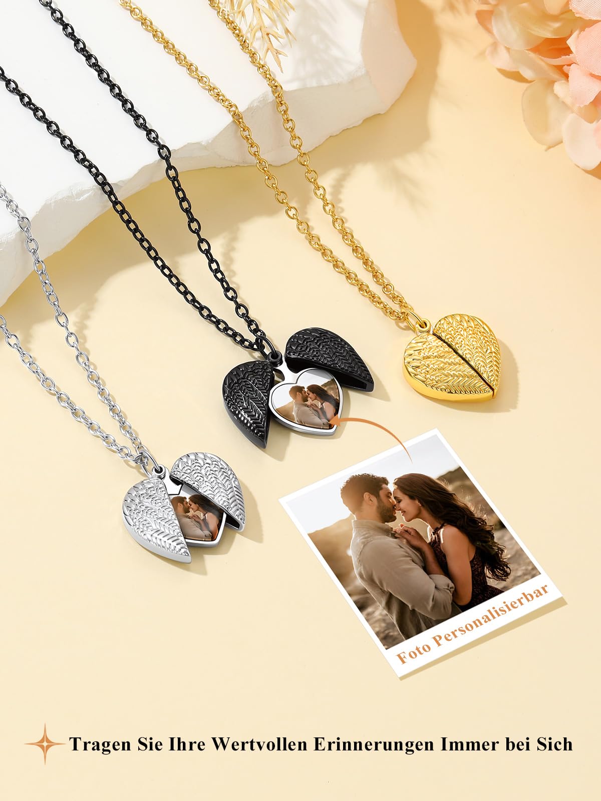 Custom4U Personalisierte Medaillon zum Öffnen für Bilder Memorial Damen Herz Engelsflügel Medaillon Kupfer Foto Kette mit Gravur Silber/Gold/Schwarz Locket Amulett mit 46cm/51cm kette