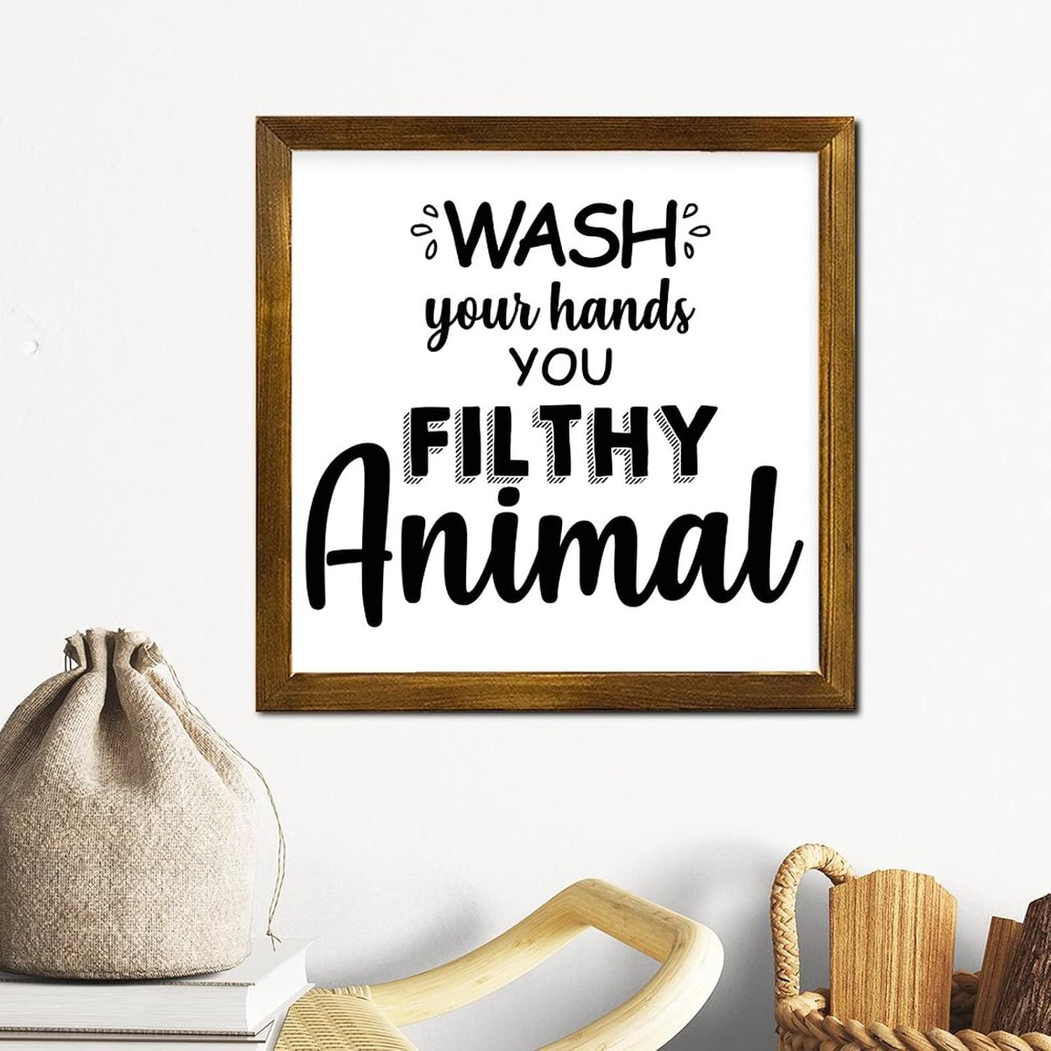 Wash Your Hands You Filthy Animal Framed Wood Signs Family Prayer Hanging Wood Sign Classic Wooden Wall Art Decor for Home Front Door Entryway Porch 12x12 Inch