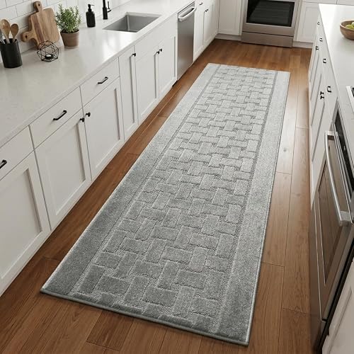 Runner Rug 15 ft, Non-Slip Washable Rug, Grey Textured Carpet