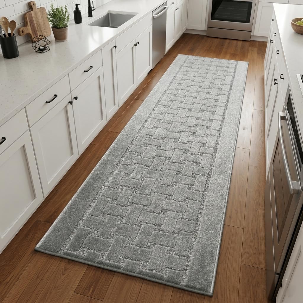 Runner Rug 13 ft, Non-Slip Washable Rug, Grey Textured Carpet for Kitchen Hallway Entryway, Rubber Backing, Indoor, Rolled in Box (26" x 13'), Custom