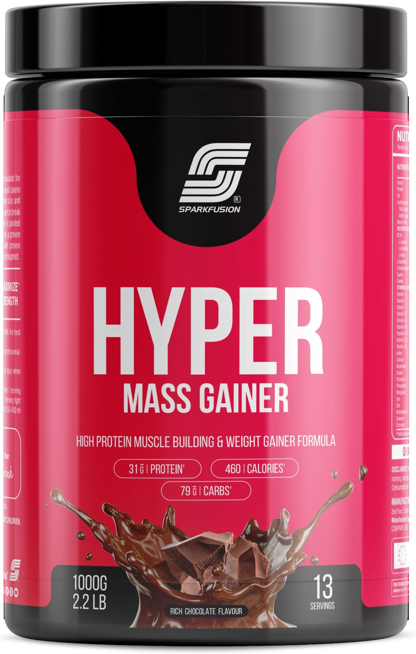 - Hyper Mass Gainer High Protein Muscle Building & Weight Gainer Formula | 16.8g Protein,58.80g Carbs,306 Calories With Milk for Muscle Support & Muscle Mass Gain | 1000 Gm | Chocolate Flavour