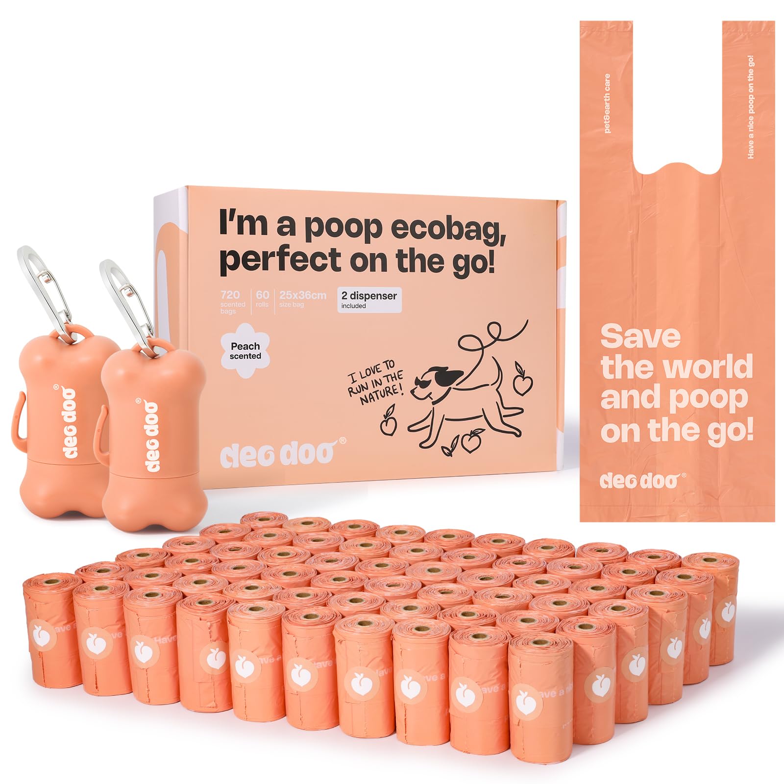 Deo Doo Dog Poop Bags with Handles 60 Rolls 720 Counts Big Sizes Leak Proof and Extra Thick Waste Bags Refill Rolls for Walking Small Medium Large Dogs Cats Litter With 2 Holders Peach Scented