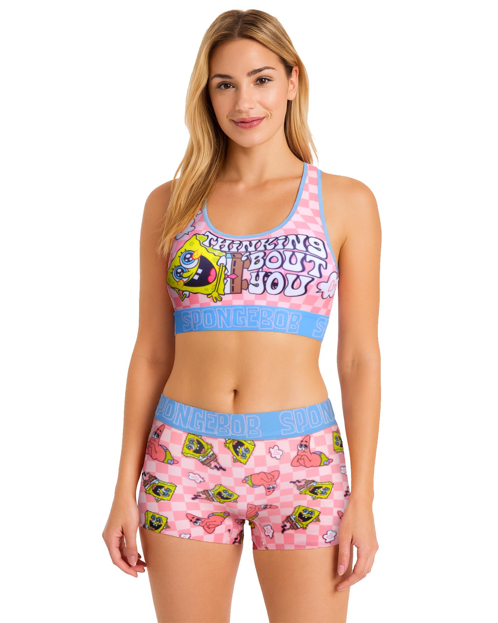 Coco Brands Womens Underwear Set - 2 Piece Racerback Sports Bras for Women & Boy Shorts Womens Bra and Panty Set (S-XL), Pink Plaid Spongebob & Patrick Print, Medium