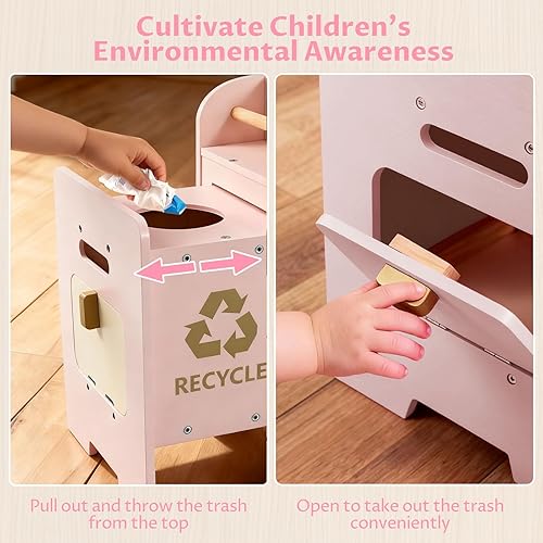 Miniatura 3 de INFANS Juego de cocina esquinera para niños, juego de cocina de madera para niños pequeños con campana extractora, contenedor de basura, gabinete de